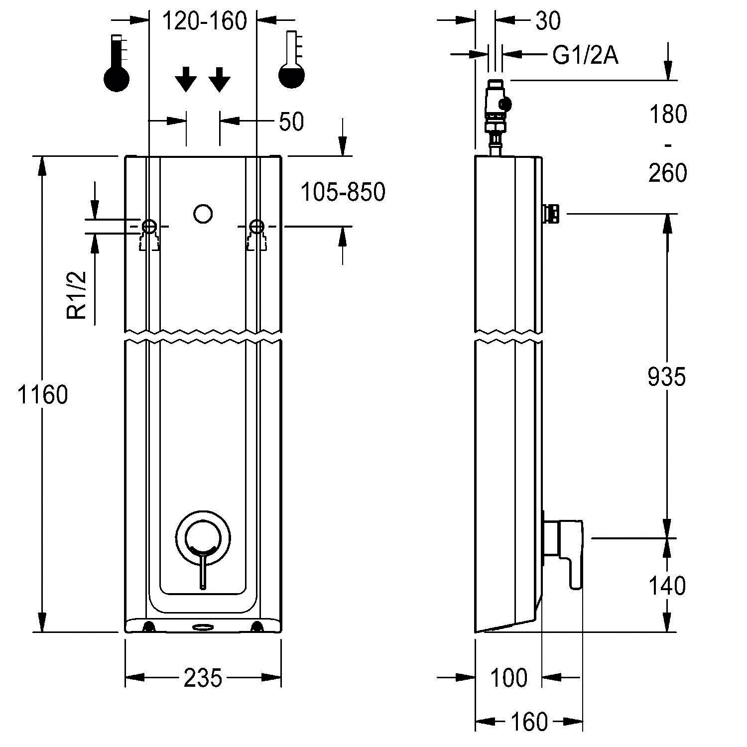 Technische Zeichnung einer Warmwasserbereitungseinheit mit Front- und Seitenansicht mit Maßangaben: Höhe 1160 mm, Breite 235 mm, Tiefe 160 mm.