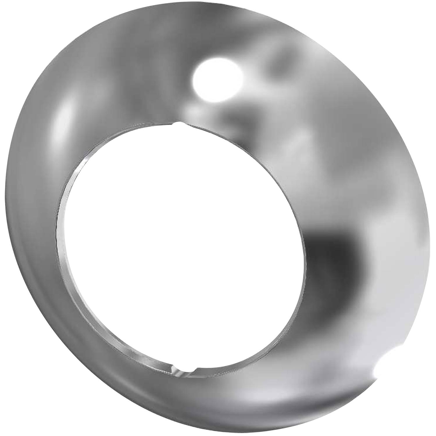 Ein geschliffener, metallischer Hohlring mit einer kreisförmigen Aussparung in der Mitte, der auf einem schwarzen Hintergrund Licht reflektiert.
