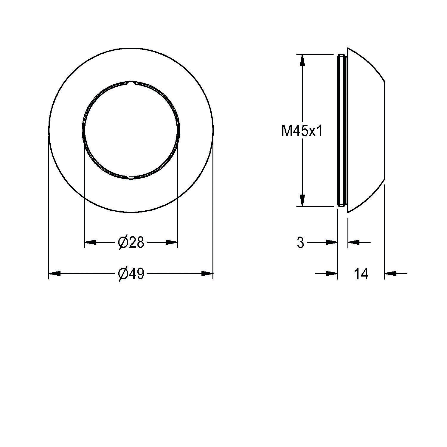 Technische Zeichnung eines kreisförmigen Objekts mit einem vorderen Außendurchmesser von 49 mm, einem zurückgesetzten 28 mm Innenkreis und einer seitlichen Ansichtstiefe von 14 mm. M45x1 Gewinde gekennzeichnet.