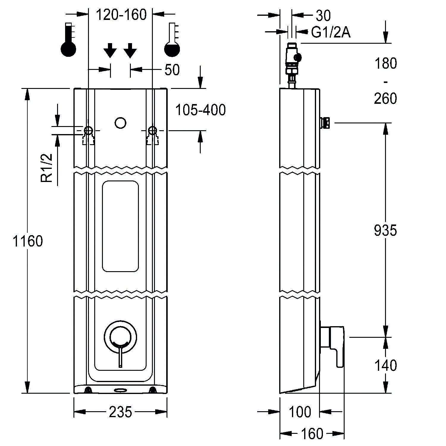 Diagramm einer Wandgerät-Installation. Vorder- und Seitenansicht mit Maßen: 1160 mm Höhe, 235 mm Breite, 160 mm Tiefe. Wichtige Anschlusspunkte gekennzeichnet.