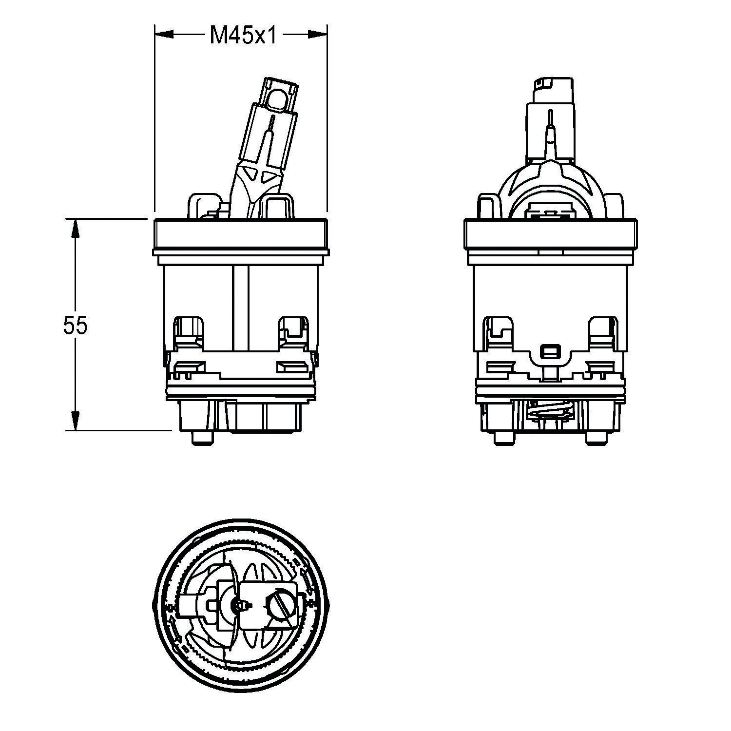 Technische Zeichnung mit zwei Ansichten und einer Draufsicht einer mechanischen Komponente mit den Abmessungen 55 mm und M45x1 Gewinde.