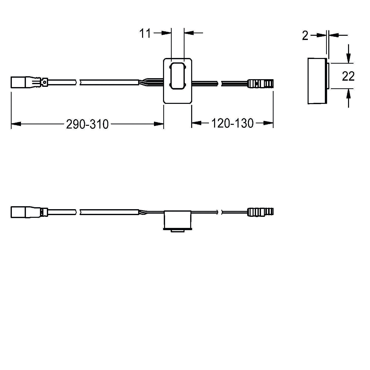 Diagramm eines Kabels mit Maßen: Gesamtlänge 290-310 mm, Sektionslängen 120-130 mm, Breite 11 mm, Höhe 22 mm.