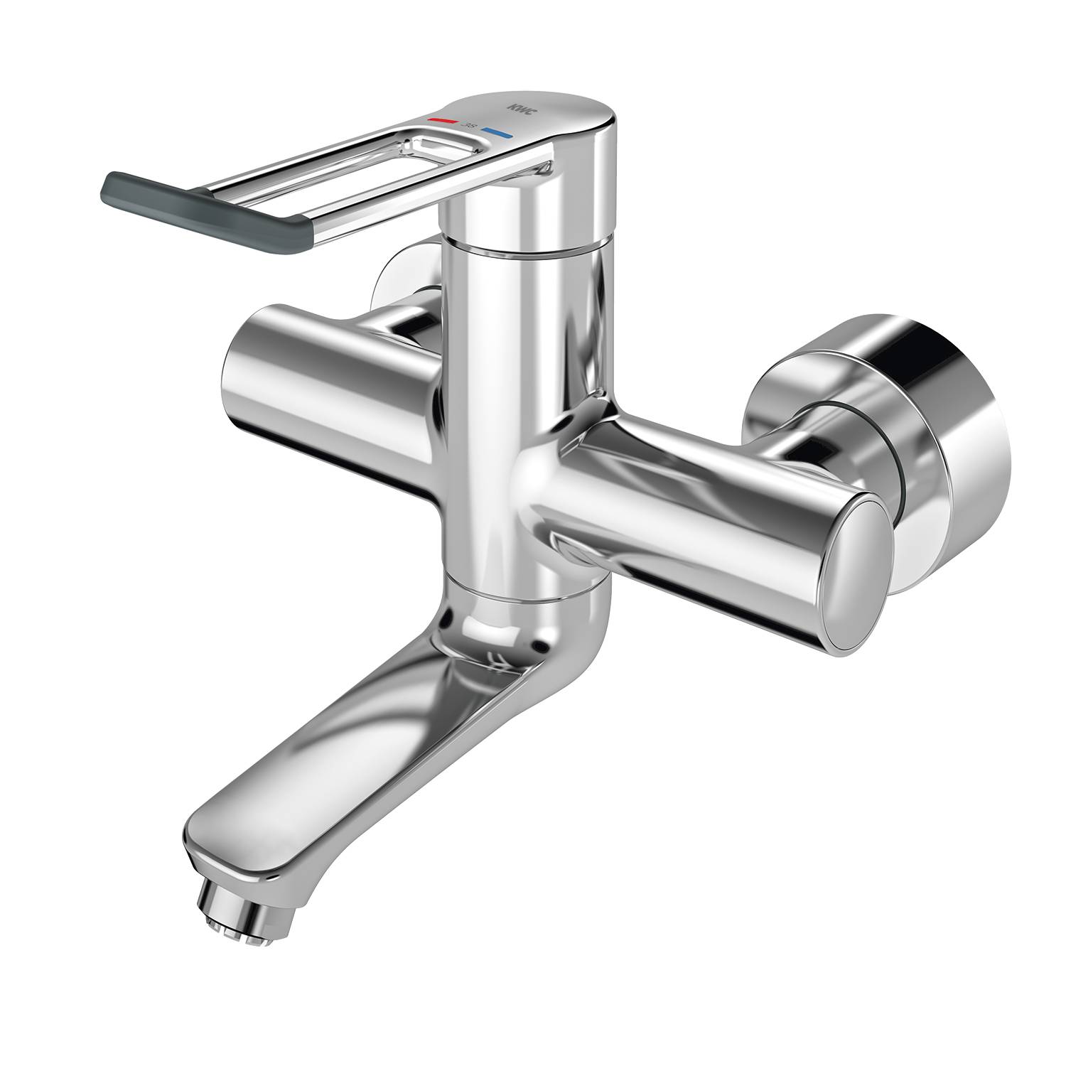 Ein moderner, verchromter Badezimmer-Wasserhahn mit einem Griff, elegantem Design und Wandmontage.