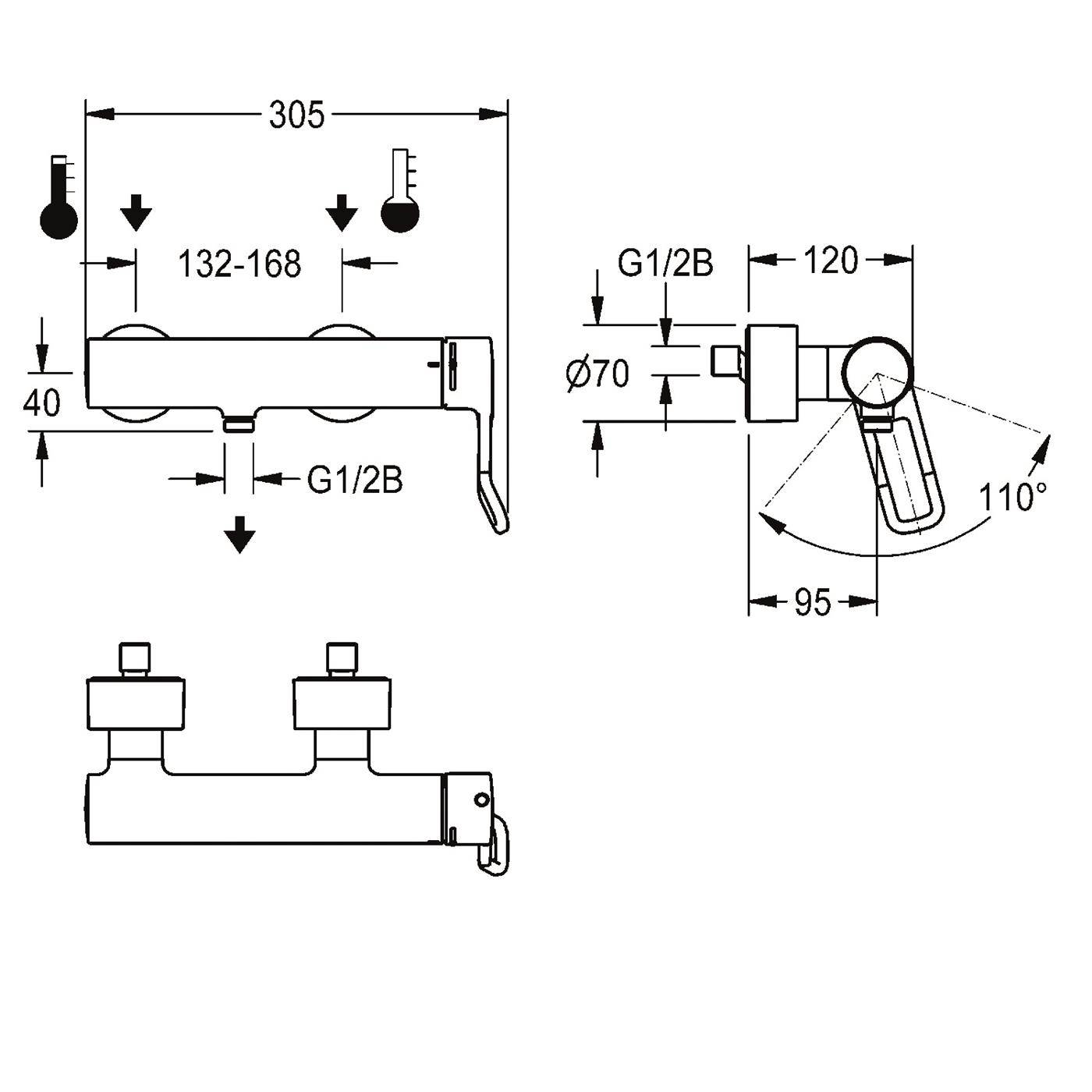 KWC Thermostat-wandbatterie, F4, EHM, für Handbrause, Hebel 118 mm