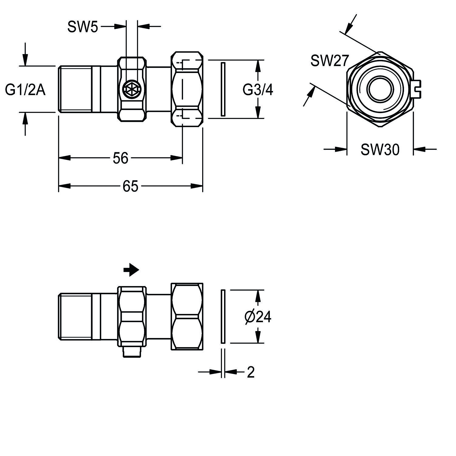 Technische Zeichnung eines Gewindefittings. Enthält Maße: G1/2A, SW5, G3/4, SW27, SW30, Länge 65 mm, Durchmesser 24 mm.