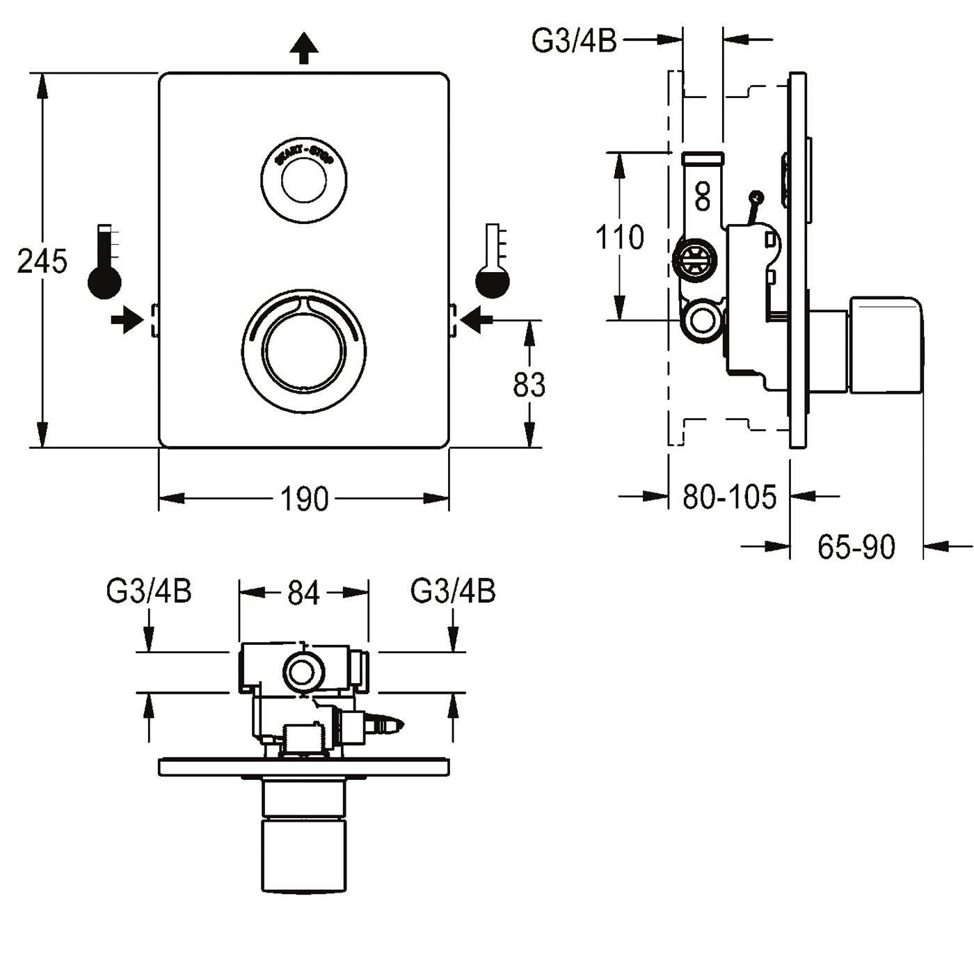 Robinet de douche KWC, F5, Elek, thermostat, encastré, jeu F, 2x dérivation, pour bat./alimentation secteur