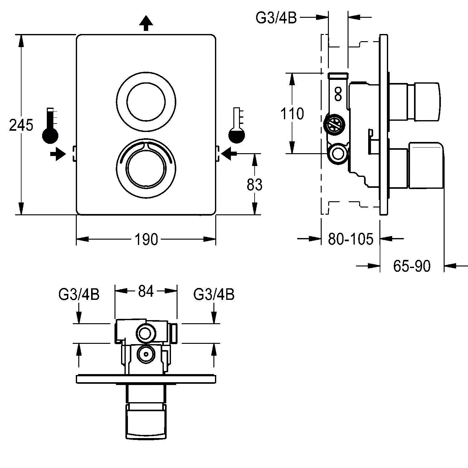 Ventildiagramm mit Maßangaben in Millimetern. Zeigt Höhe (245 mm), Breite (194 mm) und Tiefe (65-90 mm). Enthält Vorder- und Seitenansicht.