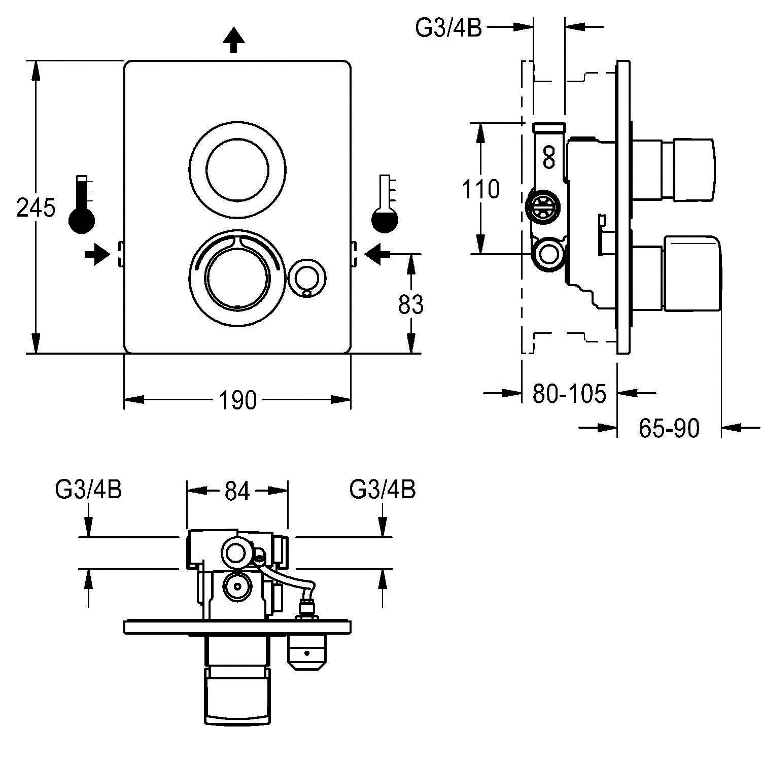 Technische Zeichnung einer mechanischen Ventilbaugruppe mit detaillierten Maßangaben in Millimetern.