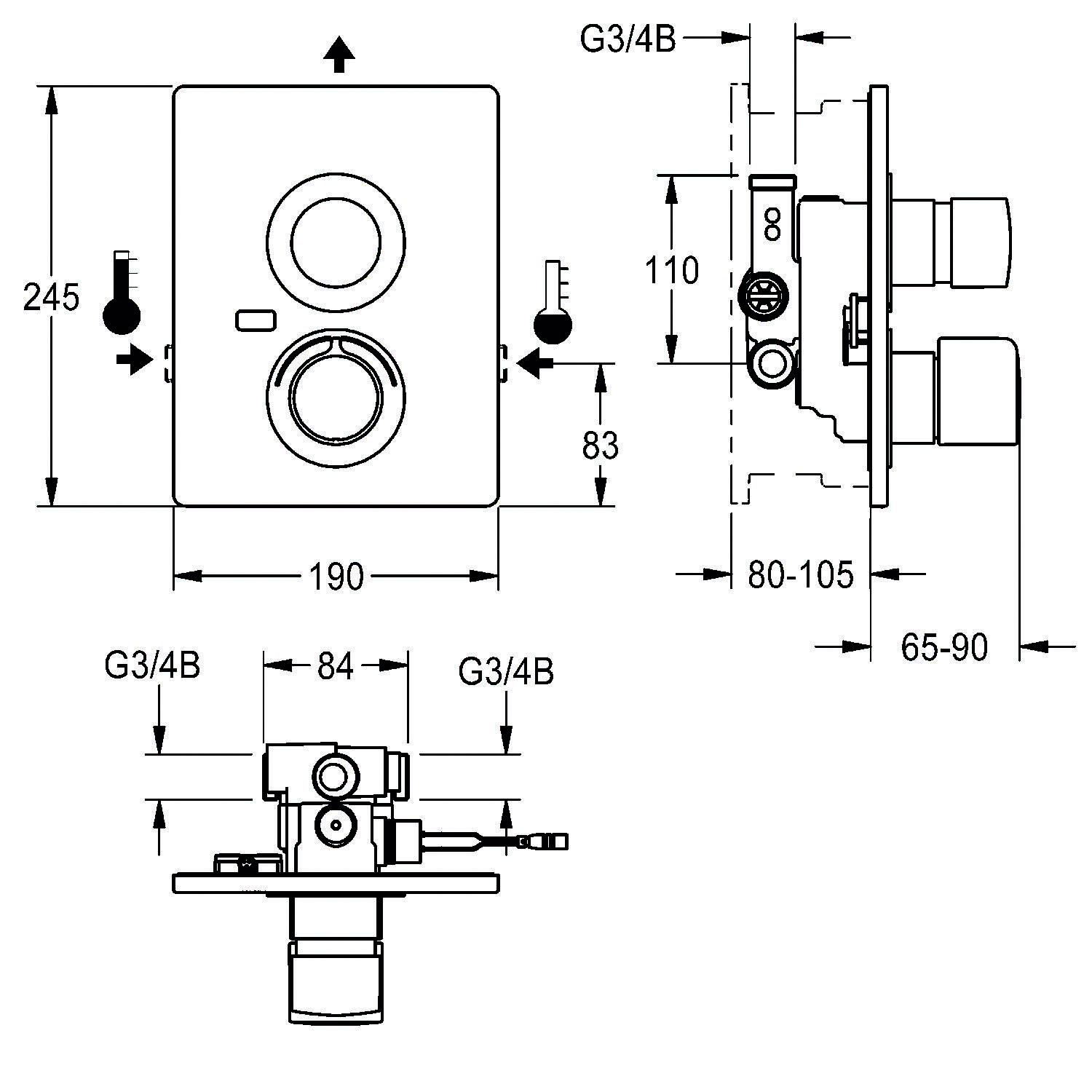 Diagramm eines wandmontierten Ventilsystems zeigt Vorder- und Seitenabmessungen in Millimetern: 245x190 Frontplatte, 65-90 Tiefe.