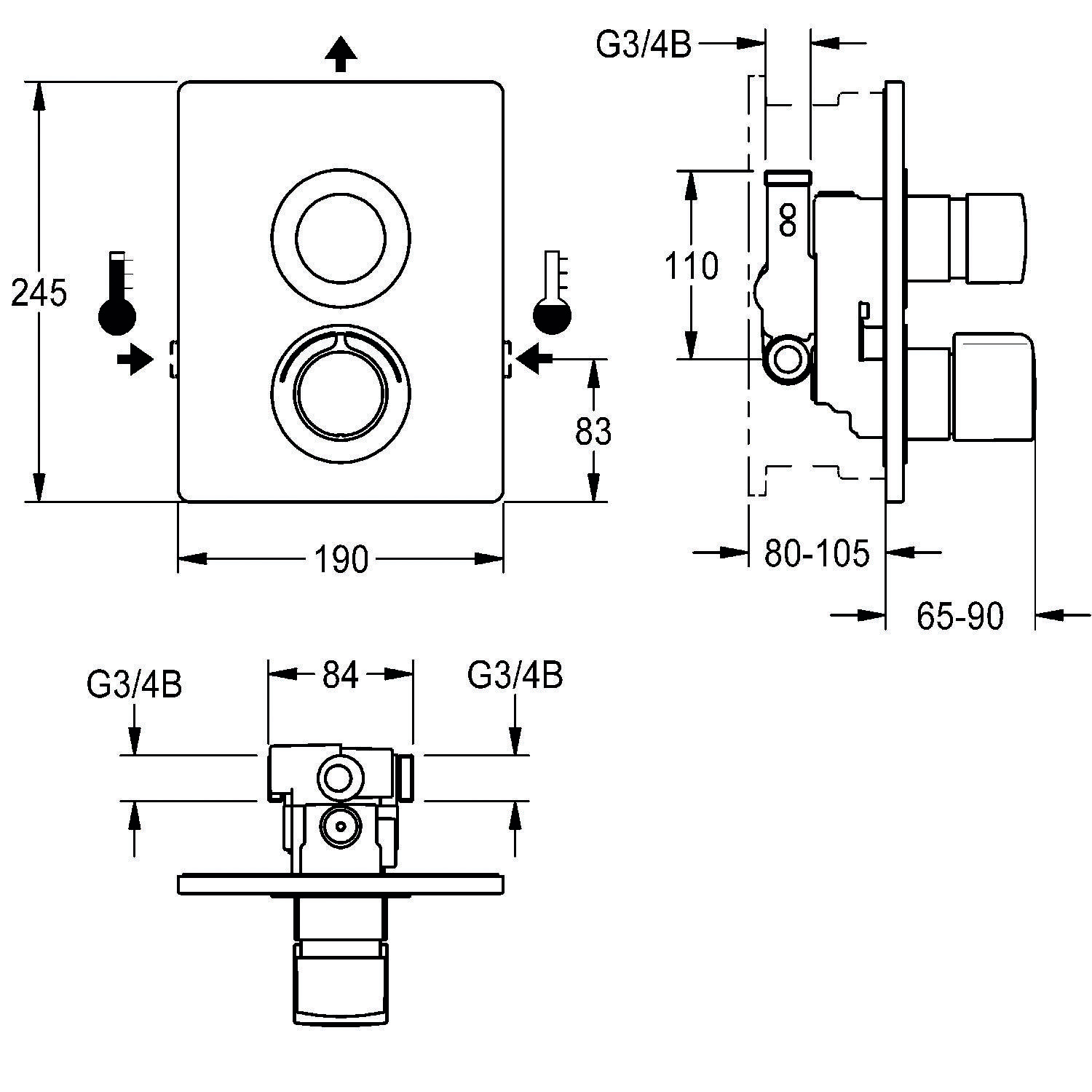 Technische Skizze eines Duschventils mit zwei kreisförmigen Steuerungselementen, mit markierten Abmessungen: 245 mm hoch, 190 mm breit, Tiefe 65-90 mm.