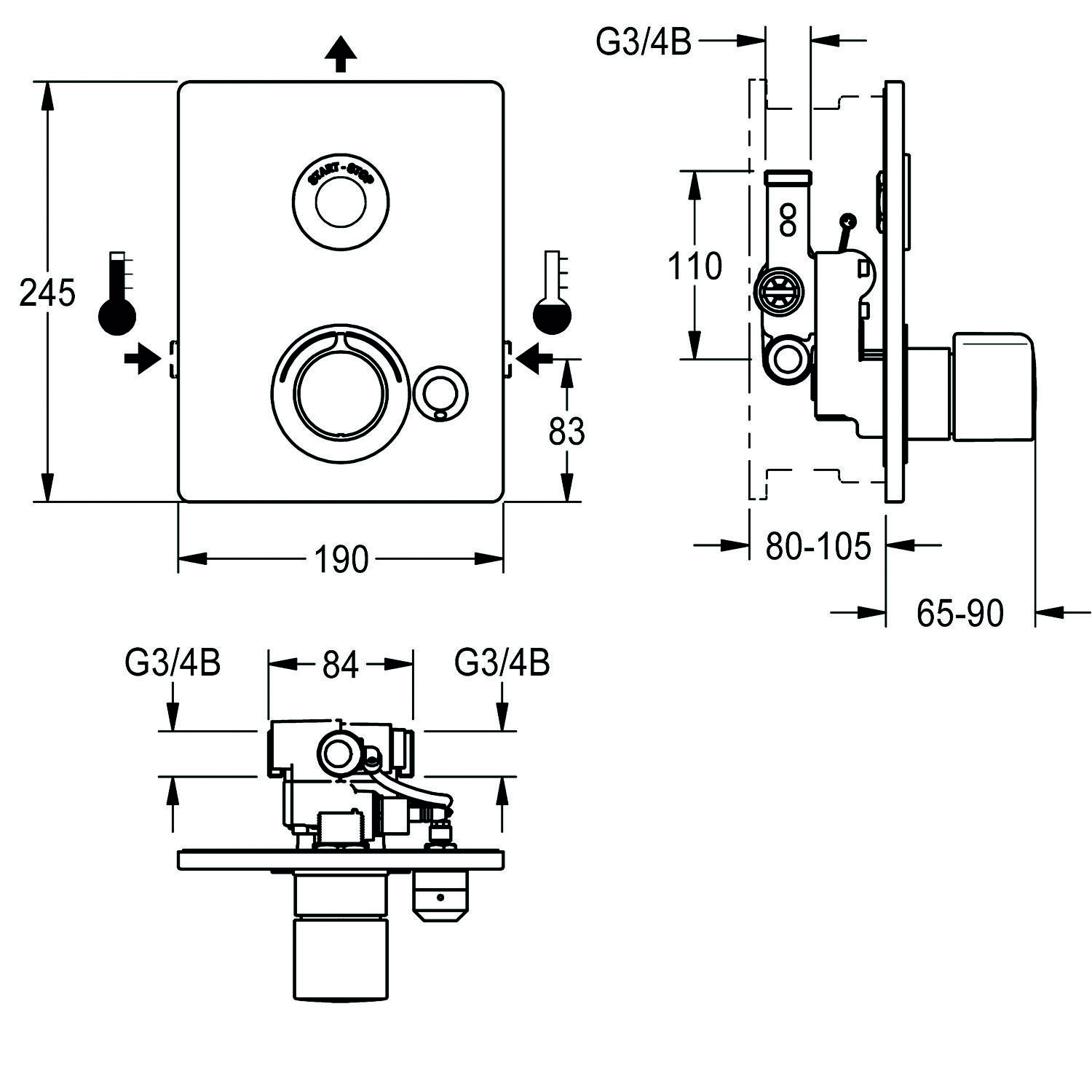 Technische Zeichnung eines wandmontierten Duschventils, mit Vorder- und Seitenansicht und Maßangaben: 245x83 mm, 190 mm Breite, Tiefenbereich 80-105 mm
