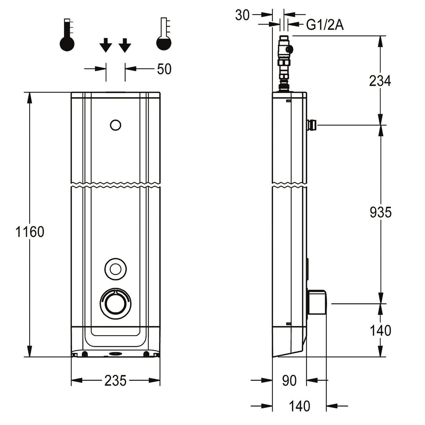 Technische Strichzeichnung eines Warmwasserspeichers mit Front- und Seitenansicht, mit den Abmessungen 1160 mm Höhe, 235 mm Breite, 140 mm Tiefe und oberem Anschluss G1/2A.