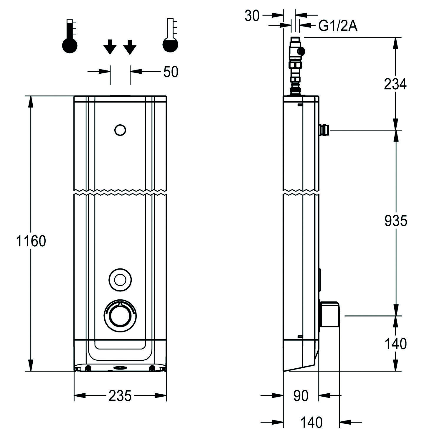 Technische Zeichnung eines Warmwasserbereiters. Die Frontansicht zeigt eine Höhe von 1160 mm. Die Seitenansicht gibt eine Höhe von 935 mm, eine Länge von 234 mm und einen G1/2A-Anschluss an.