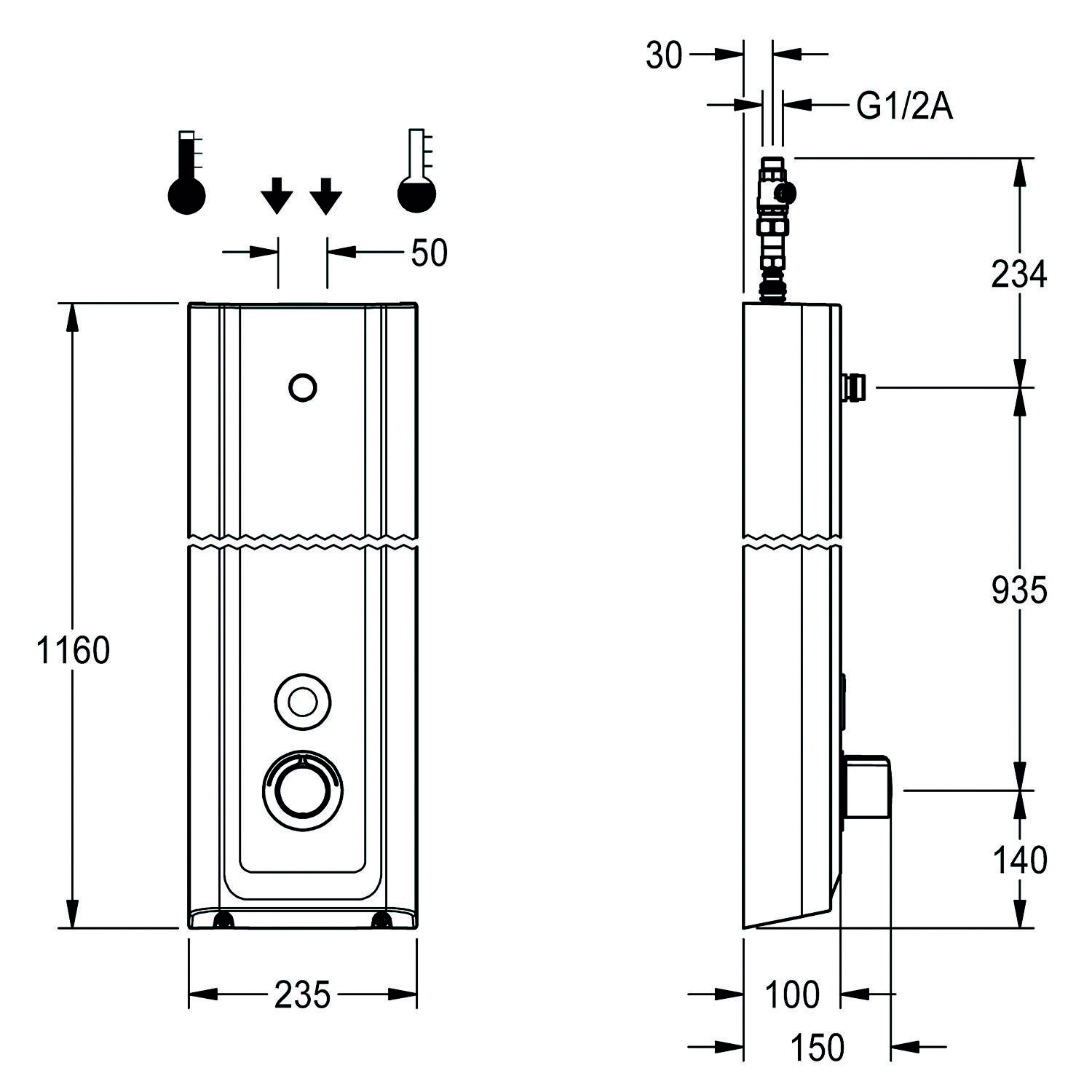 Diagramm einer Wandmontageeinheit mit Vorder- und Seitenansicht und wichtigen Abmessungen: Höhe 1160 mm, Breite 235 mm, Tiefe 234 mm.
