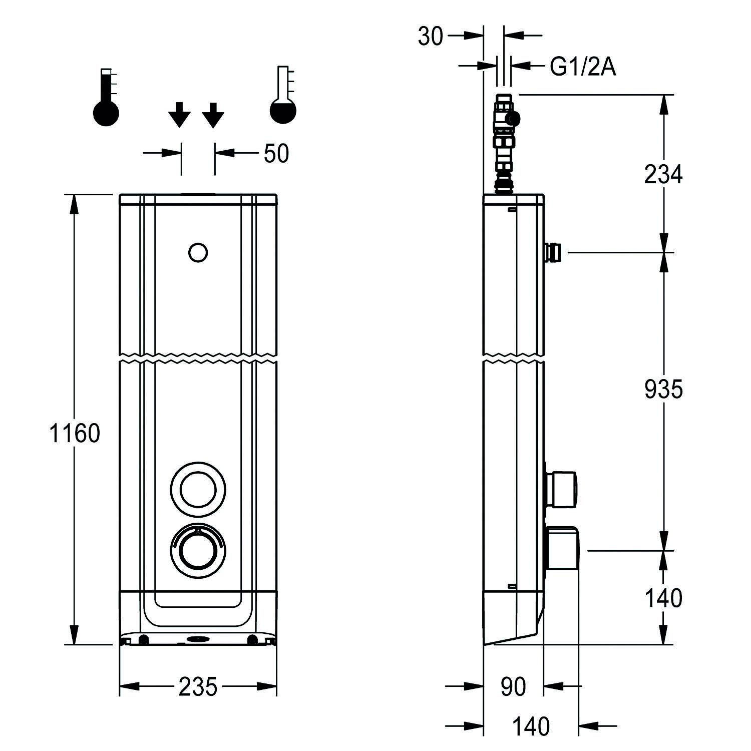 Technische Zeichnung eines Warmwasserbereiters mit Vorder- und Seitenansicht. Schlüsseldimensionen: 1160 mm Höhe, 235 mm Breite, 90 mm Tiefe, Rohrgröße G1/2A.