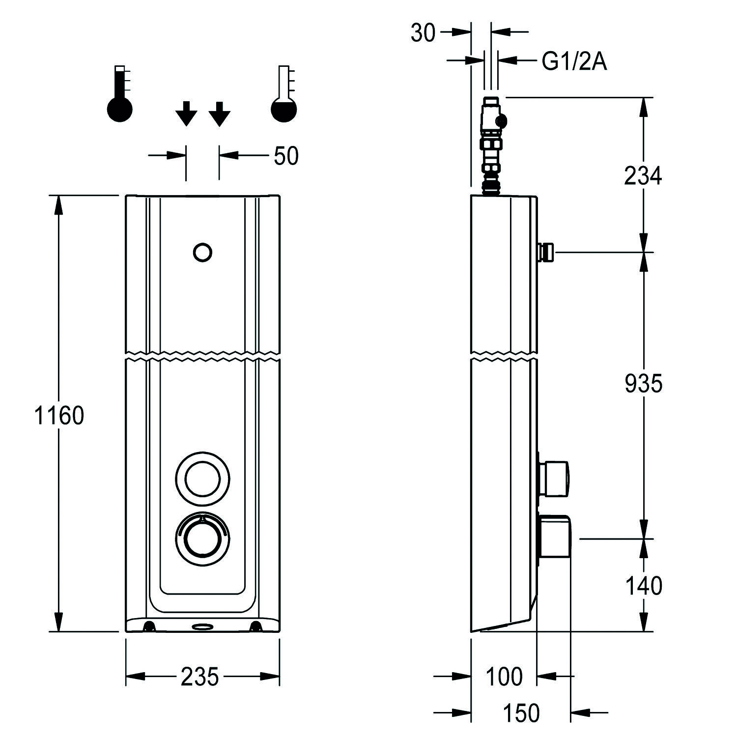 Technische Zeichnung eines wandmontierten Geräts mit Abmessungen: 1160 mm Höhe, 235 mm Breite, 100 mm Tiefe, mit zwei vorderen Einstellrädern.