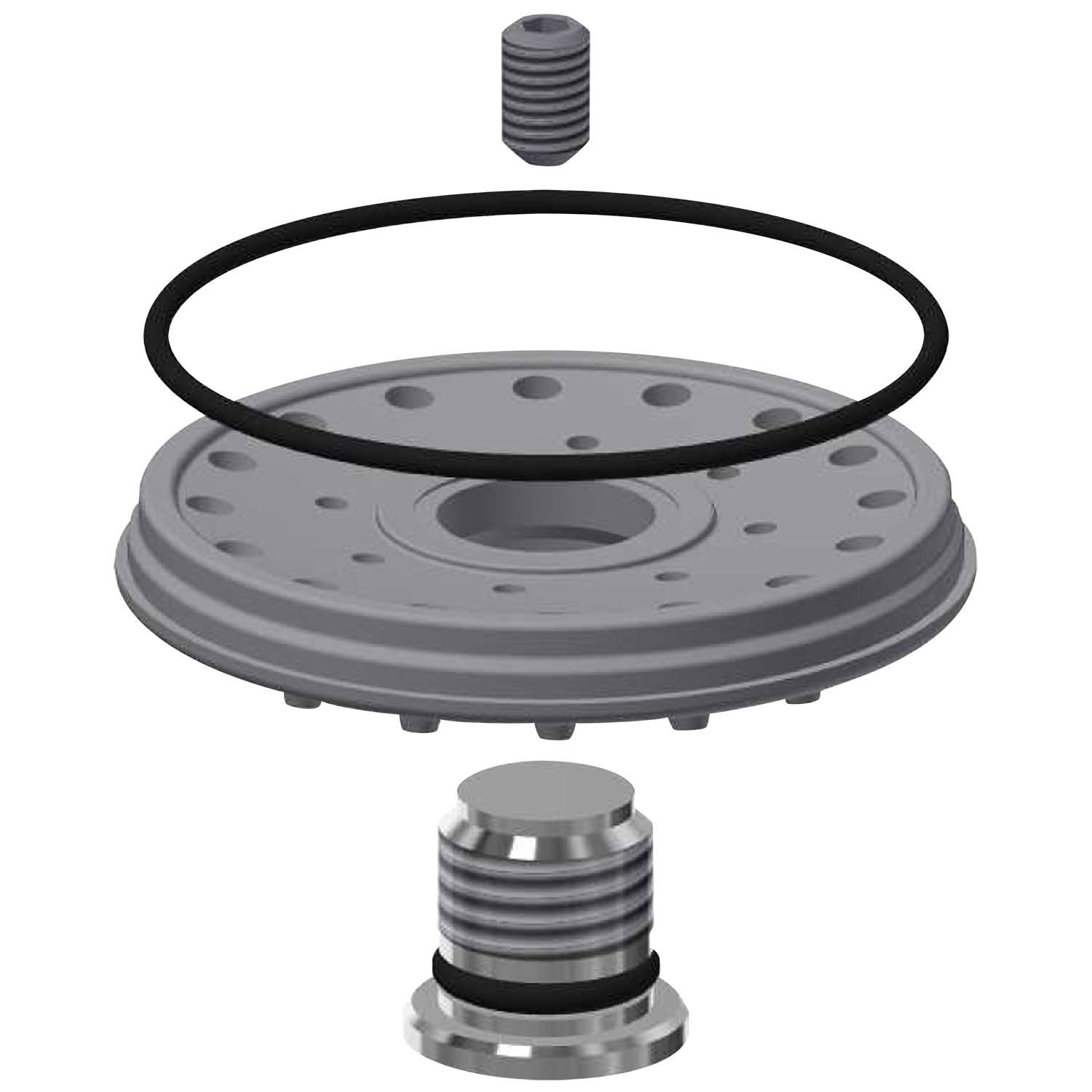 Eine 3D-Darstellung, die eine Explosionsansicht eines mechanischen Teils mit einer kreisförmigen Basis, einem O-Ring und einem verschraubten Deckel über einer zylindrischen Komponente zeigt.