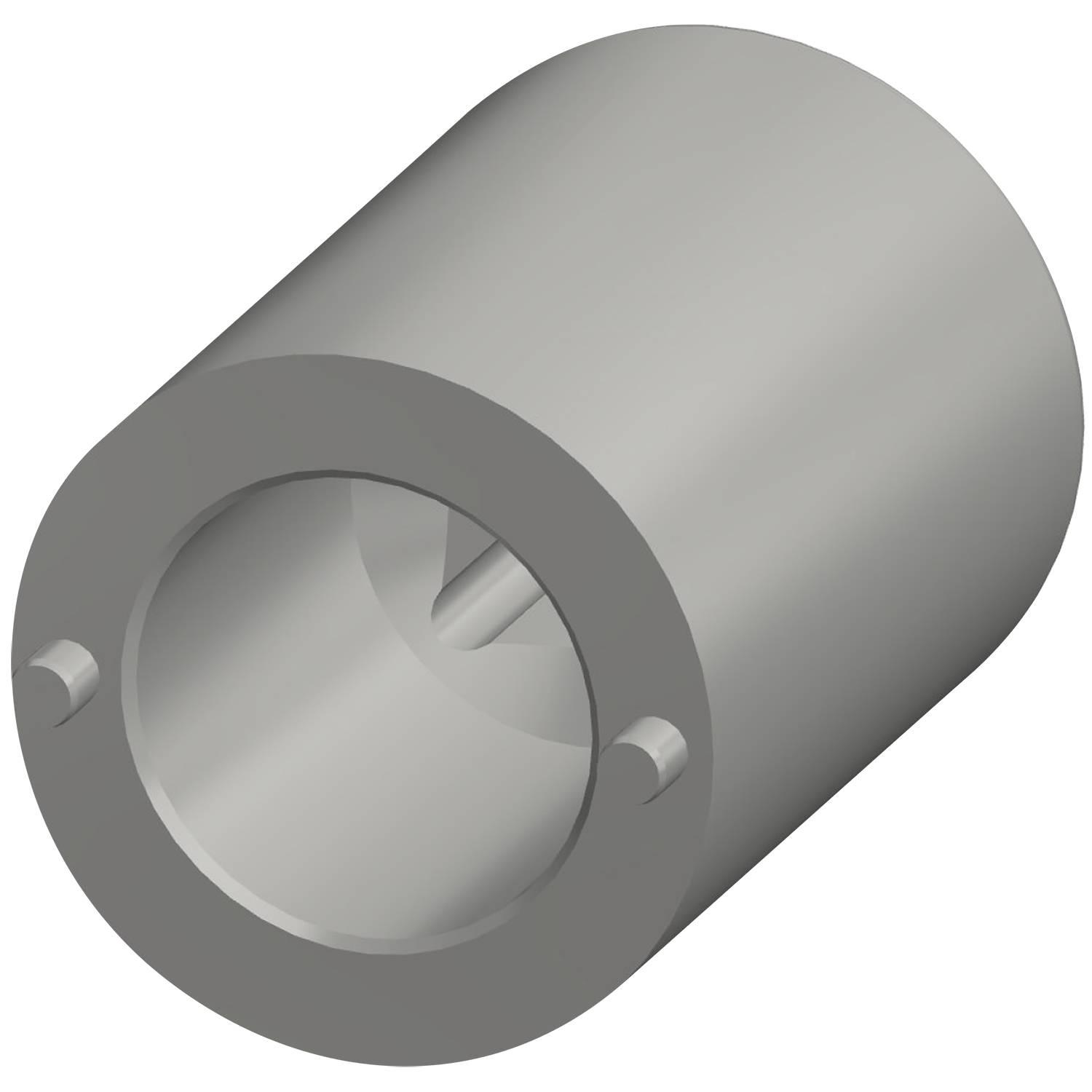 Ein zylindrisches 3D-Modell mit einem hohlen Zentrum, zwei kleineren seitlichen Löchern und einer Nut im Inneren, möglicherweise ein mechanisches Bauteil darstellend.