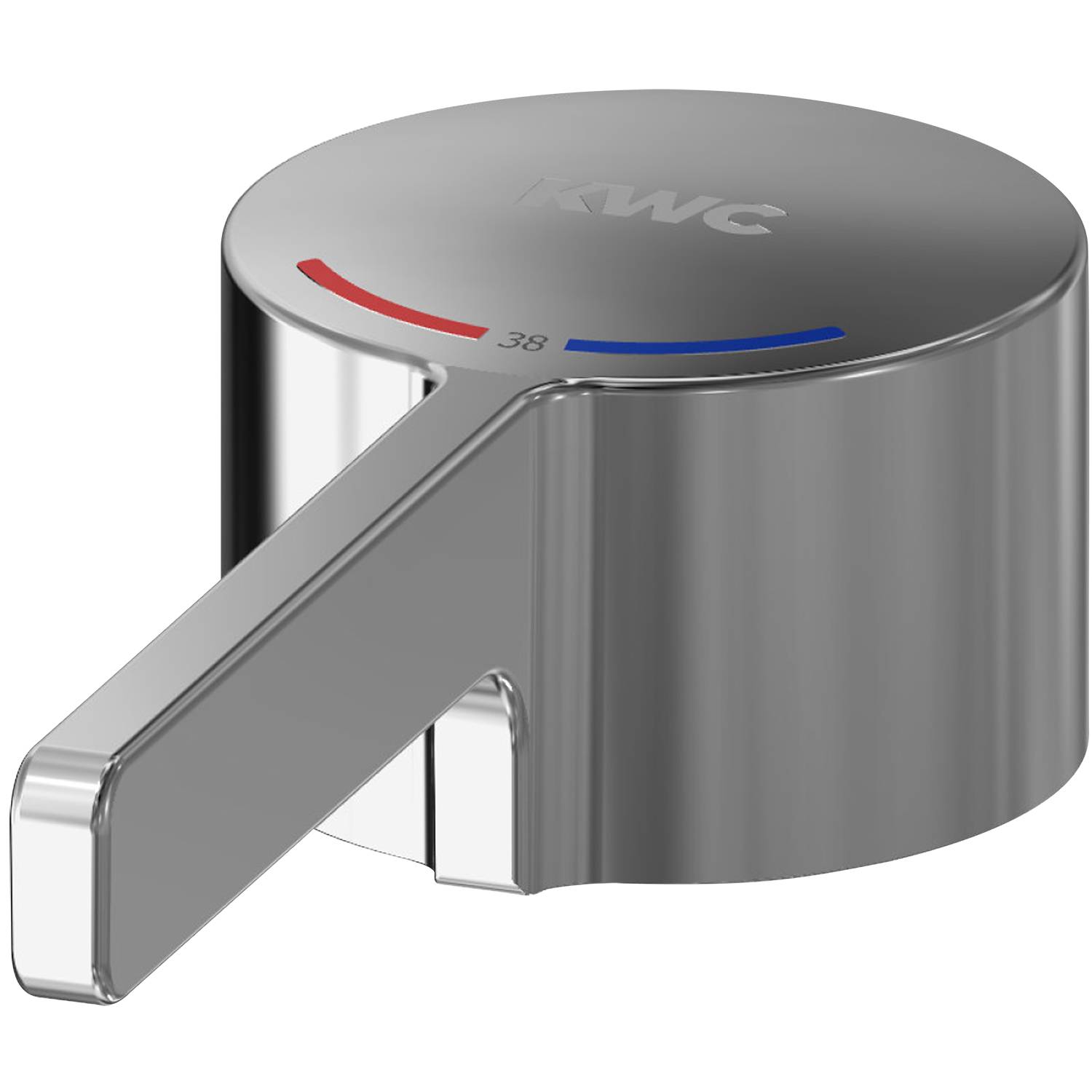 Ein metallischer Wasserhahn-Griff mit einem Hebel, versehen mit Temperaturanzeigen: rot für heiß und blau für kalt. Die Marke 'KWC' ist oben eingraviert.