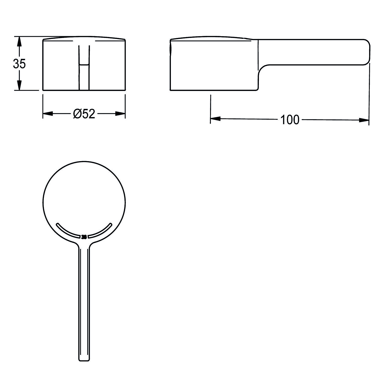 Eine technische Linienzeichnung, die die Seitenansicht und Draufsicht eines Küchenarmaturgriffs mit Maßangaben zeigt: 100 mm Länge, 52 mm Durchmesser, 35 mm Höhe.