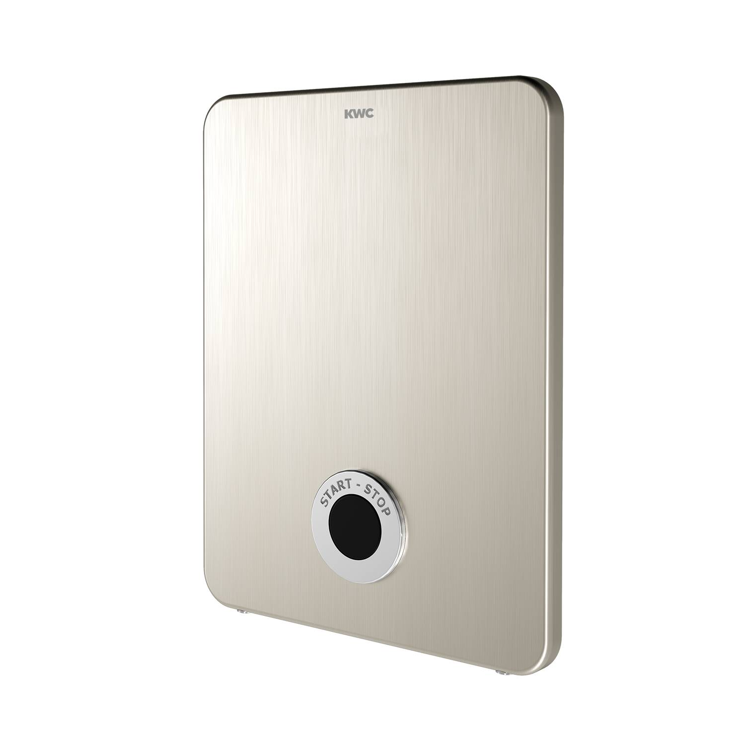 Eine elegante metallische, wandmontierte Taste mit der Aufschrift „START-STOP