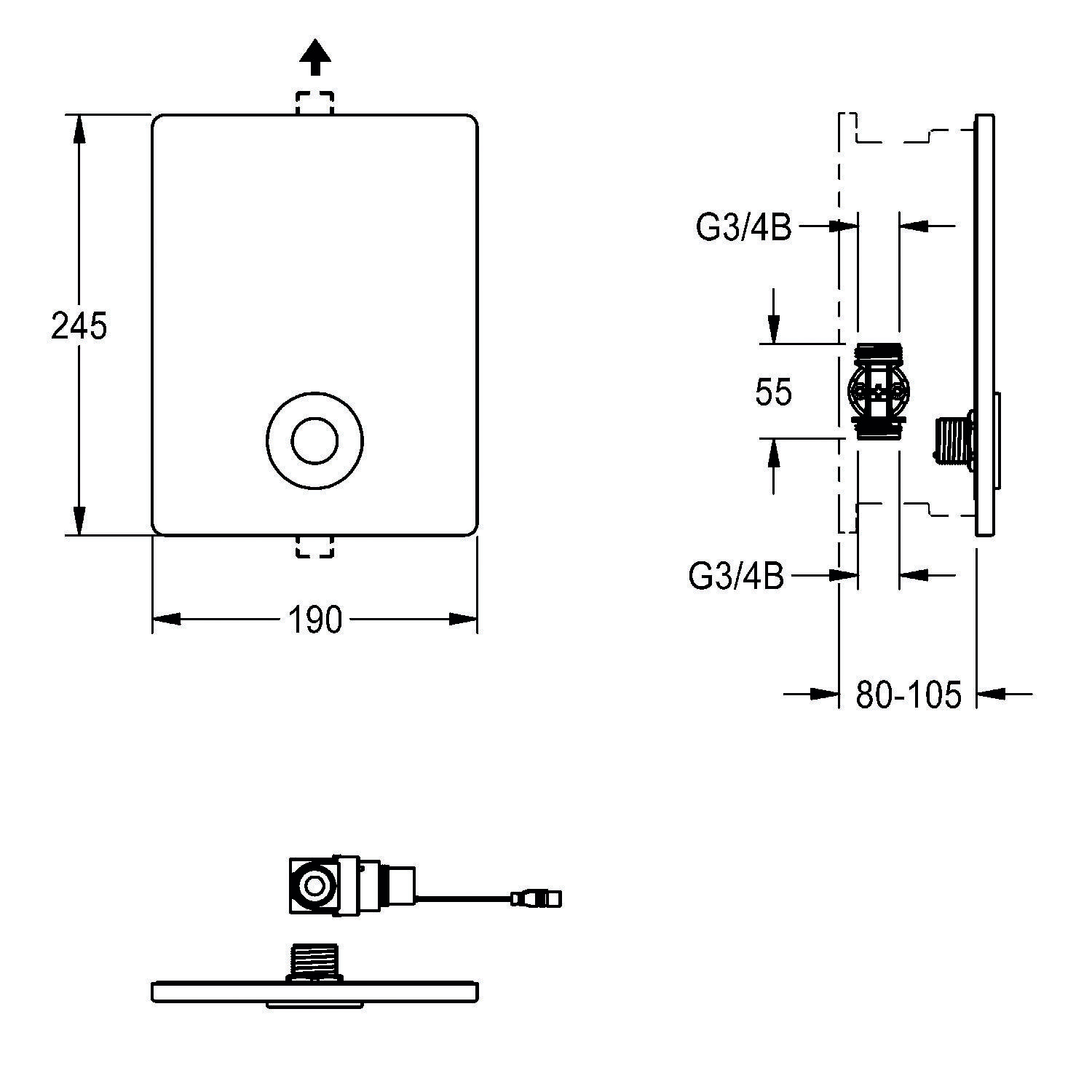 Technische Zeichnung eines rechteckigen Geräts mit Abmessungen: 245 mm Höhe, 190 mm Breite, 80-105 mm Tiefe. G3/4B-Eingänge dargestellt.
