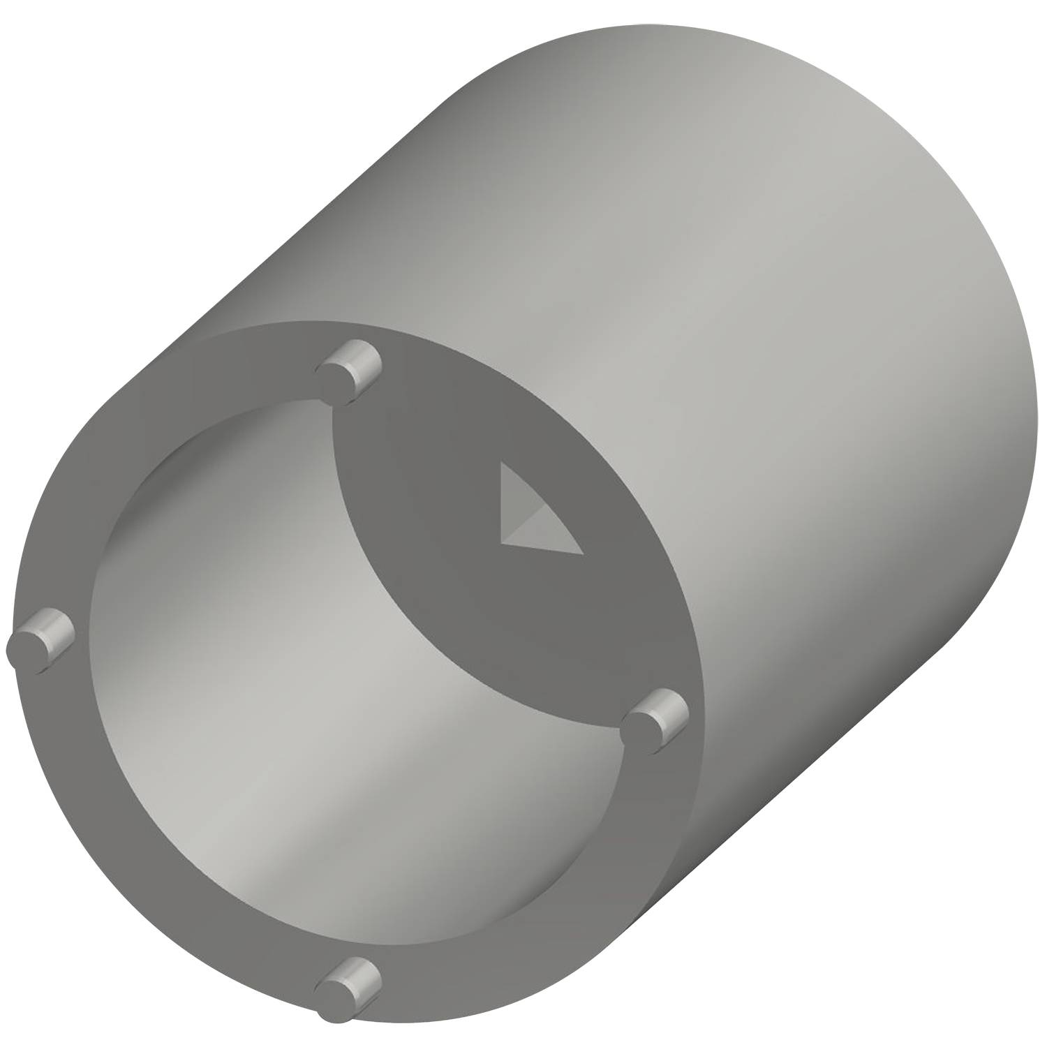 Ein zylindrischer Steckschlüssel-Adapter mit Pins im Inneren und einer dreieckigen Markierung an einem Ende, der zum Ausrichten und Sichern von Schrauben oder Befestigungselementen verwendet wird.