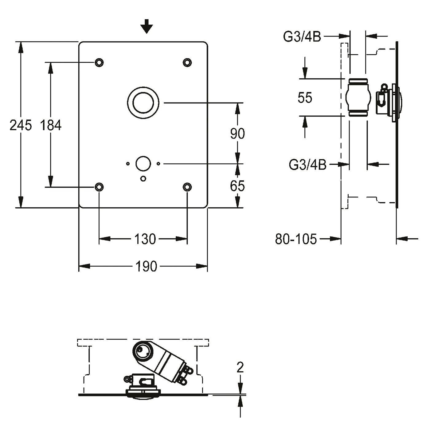 Technische Zeichnung einer wandmontierten Armatur mit Vorder-, Seiten- und Draufsicht, die Befestigungslöcher und Abmessungen zeigt: 245 x 190 mm, Abstand 130 mm, Tiefe 80-105 mm, G3/4B-Anschlüsse.