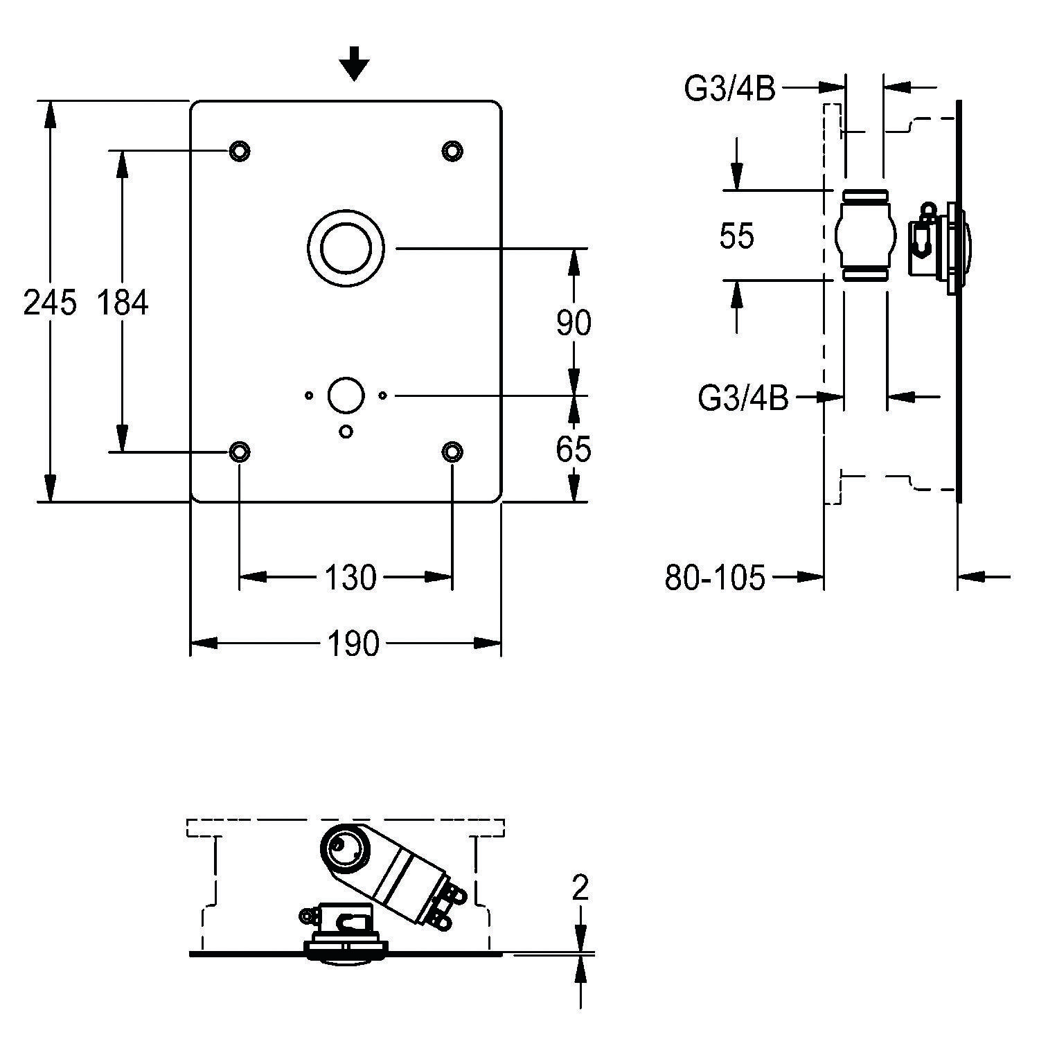 Skizze eines mechanischen Bauteils mit Maßen. Frontansicht: 245 x 184 mm, Lochabstand 130 mm. Seitenansicht: Tiefe 55 mm, einstellbar 80-105 mm.