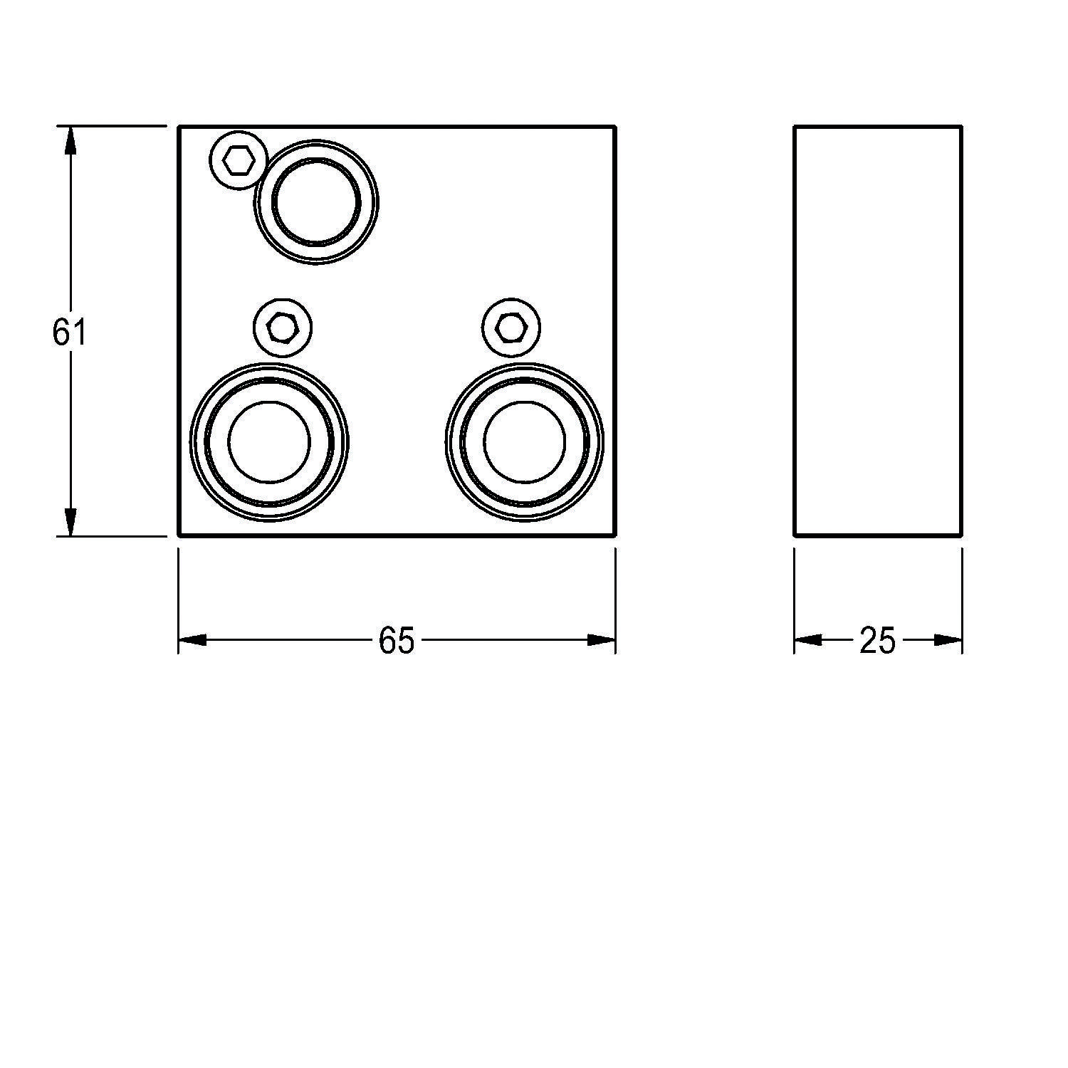 Eine technische Zeichnung von vorn und der Seite eines mechanischen Bauteils mit drei kreisrunden Löchern. Die Abmessungen betragen 65x61 mm von vorne und 25 mm Tiefe.