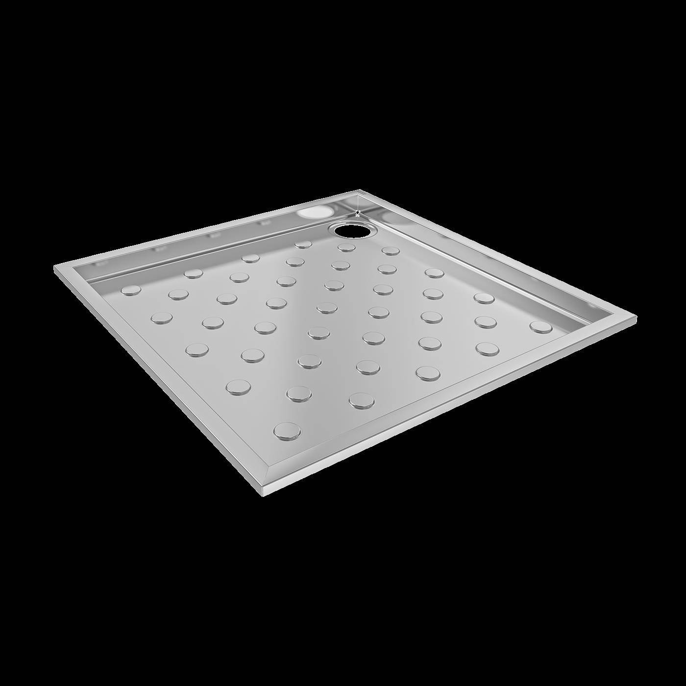 Quadratisches Metall-Duschtablett mit geneigter Oberfläche, erhöhten Kanten und einem Ablausloch in einer Ecke.