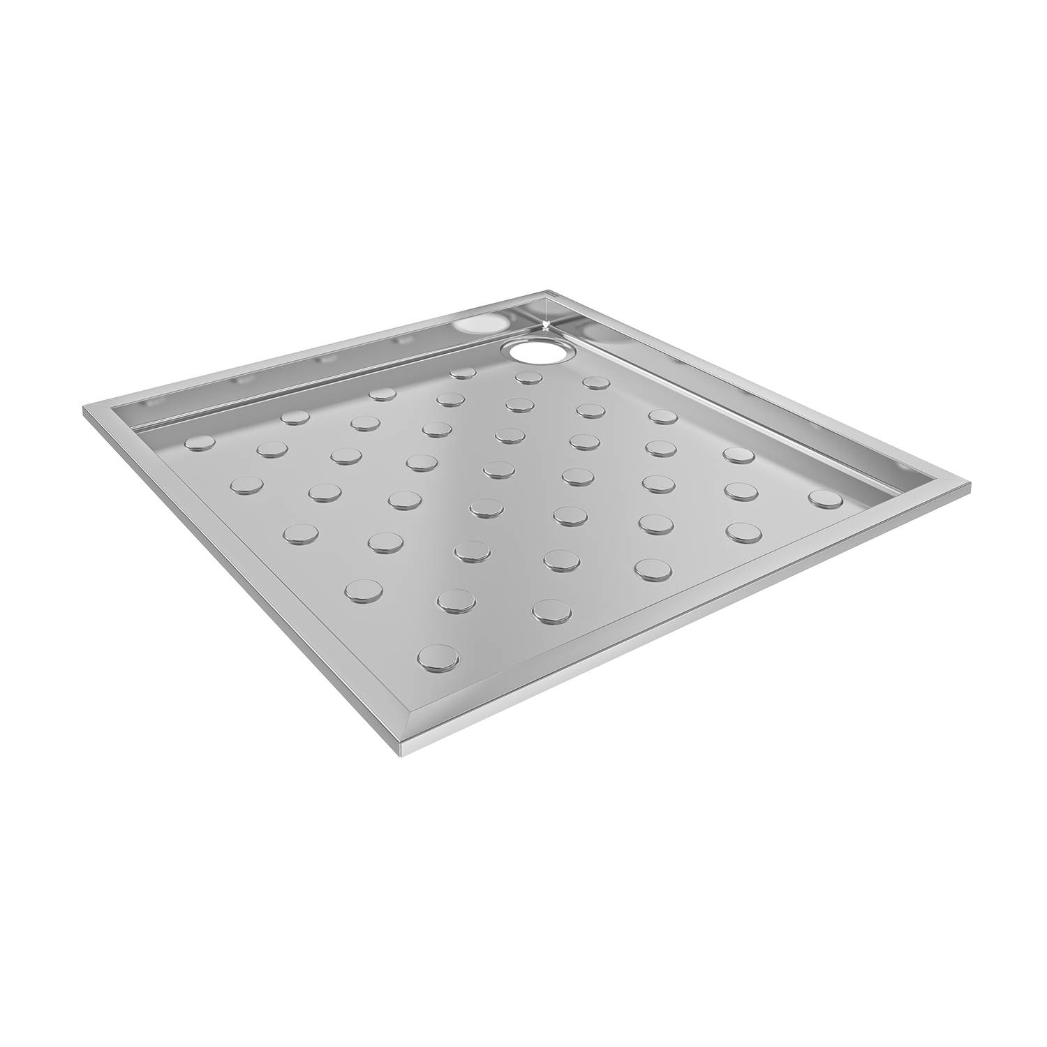 Eine rechteckige Metallplattform mit kreisförmigen Vertiefungen und einem Ablaufoch, von einem schrägen Winkel aus gesehen, vor einem schwarzen Hintergrund.