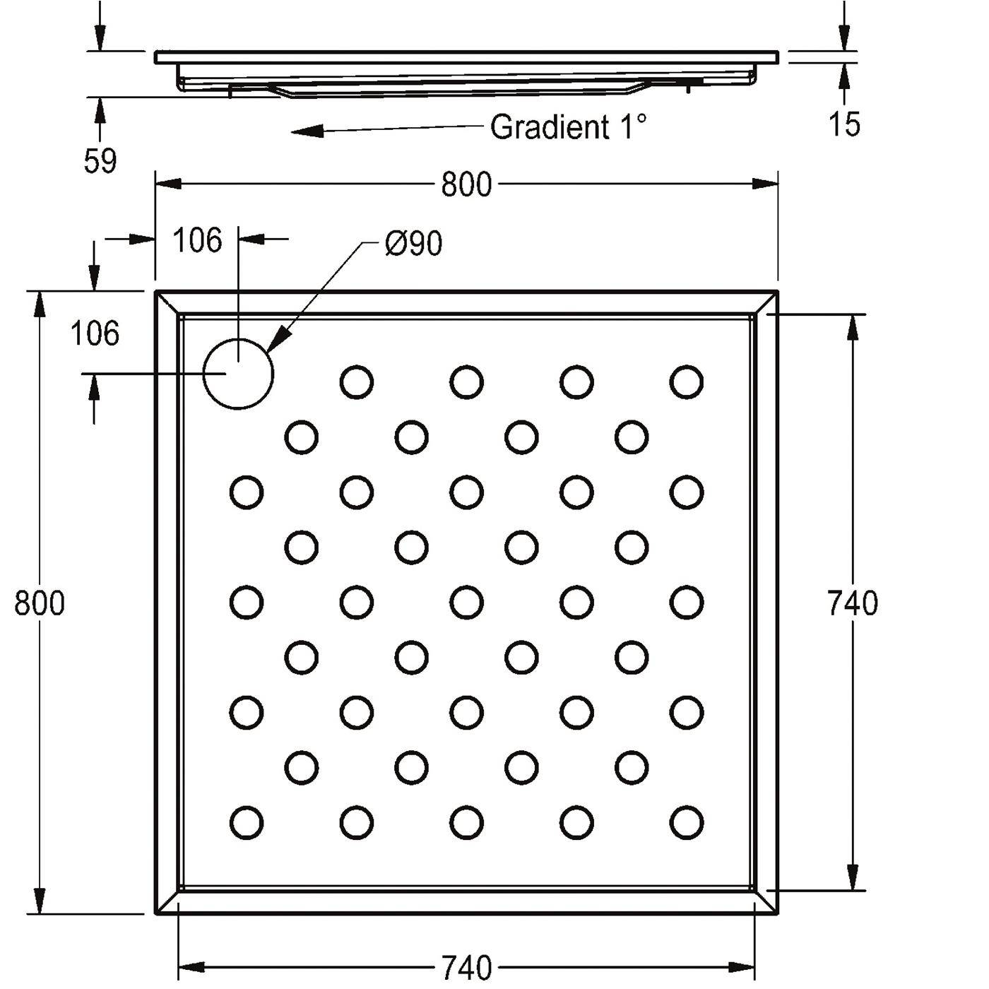 Technische Zeichnung einer quadratischen Duschwanne, 800 x 800 mm, mit 1° Gefälle, 90 mm Ablauf in der Nähe der oberen linken Ecke und zahlreichen Entwässerungslöchern.