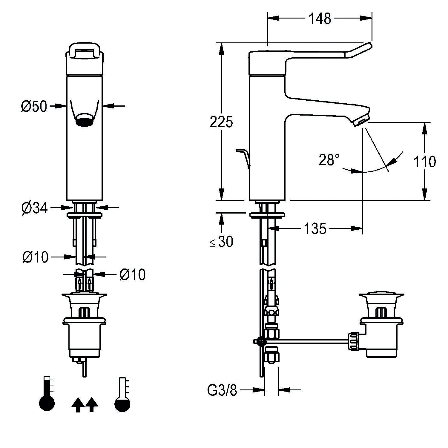 Technische Zeichnung eines modernen Wasserhahns mit Maßen: Höhe 225 mm, Reichweite 148 mm und Auslaufhöhe 110 mm. Inklusive Installationszubehör.