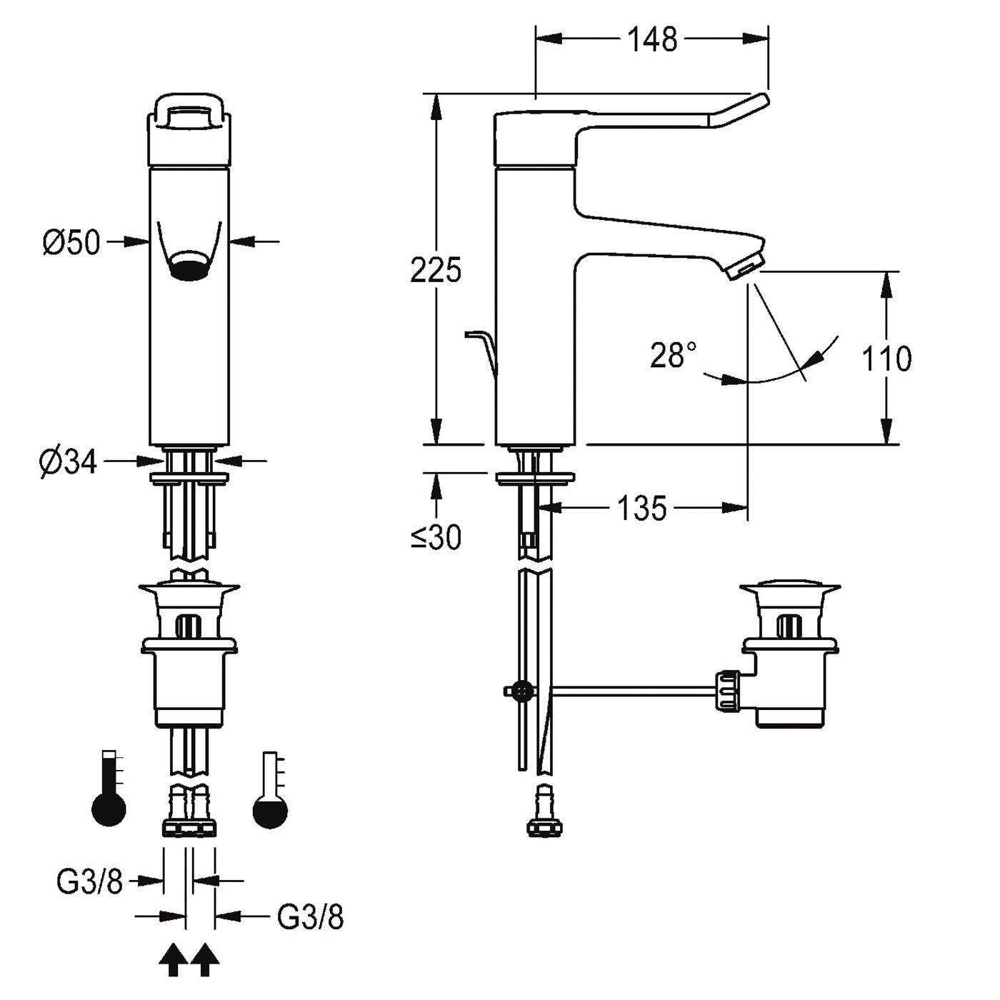 Technische Zeichnung eines Einhebel-Waschtischarmaturen mit Abmessungen: 225 mm Höhe, 148 mm Auslaufweite, 110 mm Auslaufhöhe, 28° Winkel, Ø50 und Ø34, G3/8 Anschlüsse.