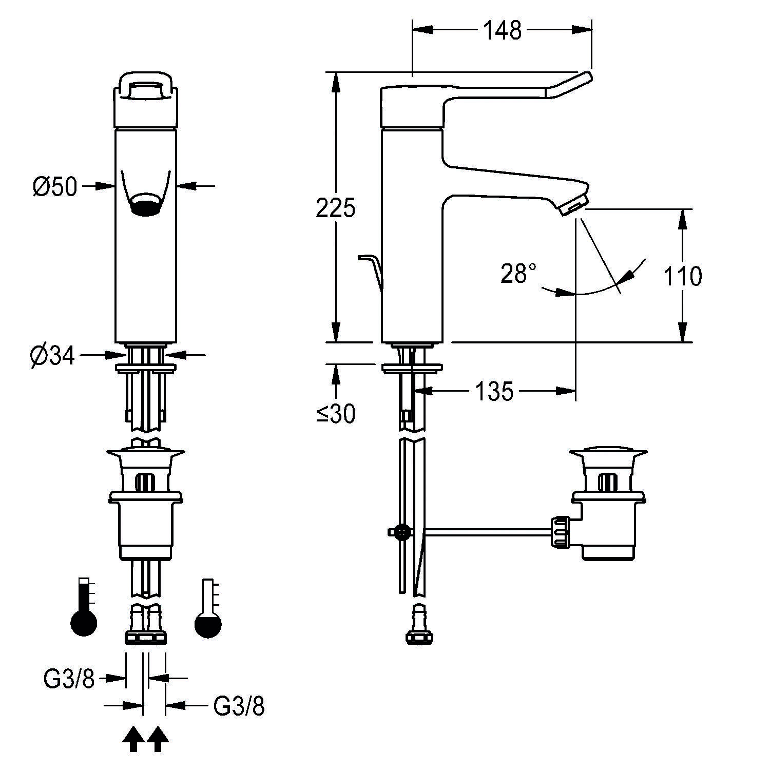 Diagramm eines Wasserhahns mit Abmessungen: Höhe 225 mm, Auslaufreichweite 148 mm, Auslaufhöhe 110 mm. Inklusive Installationsteilen mit G3/8-Anschlüssen.