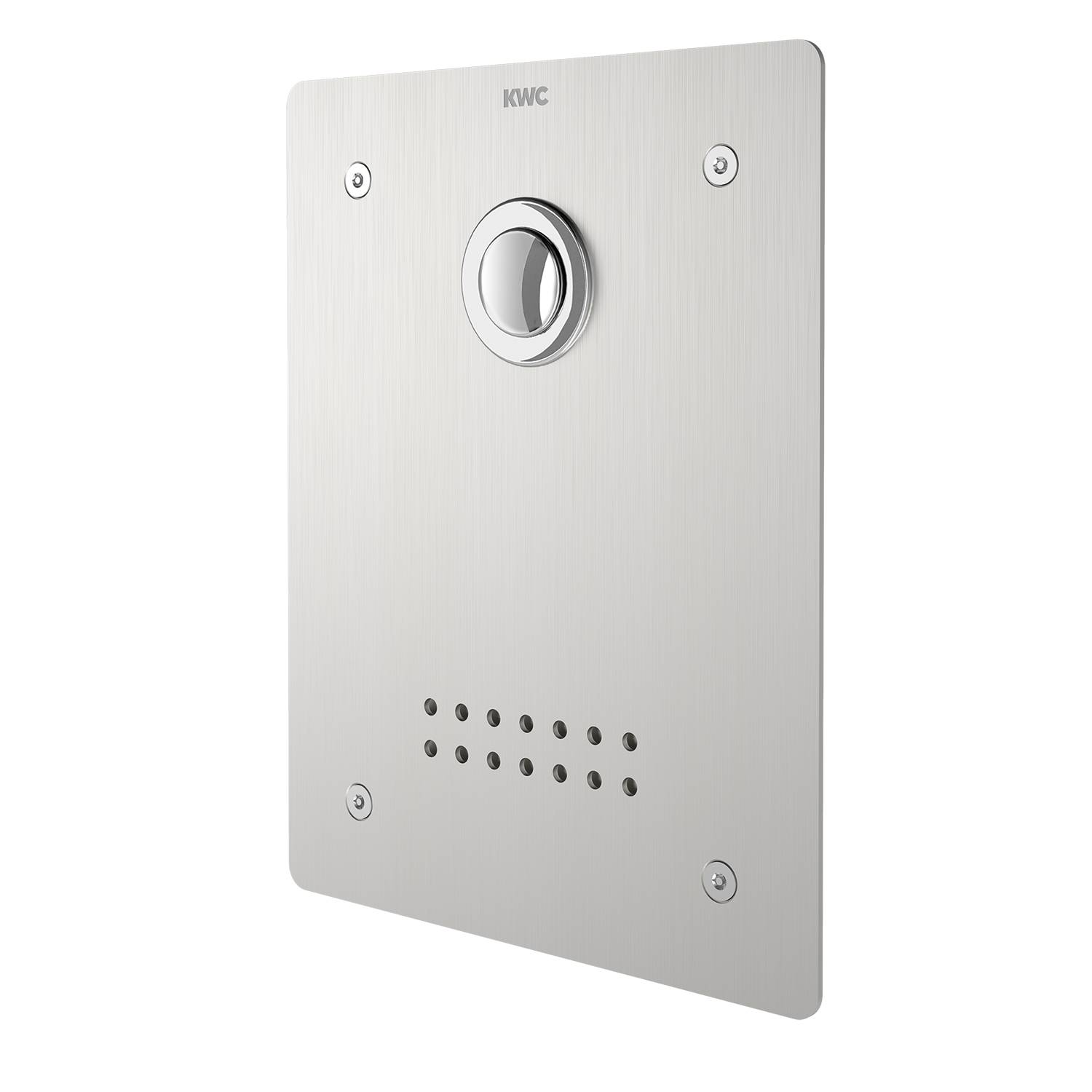 Ein metallisches, an der Wand montiertes Gegensprechanlage-Panel mit einer zentralen Taste und Lautsprecherlöchern darunter.