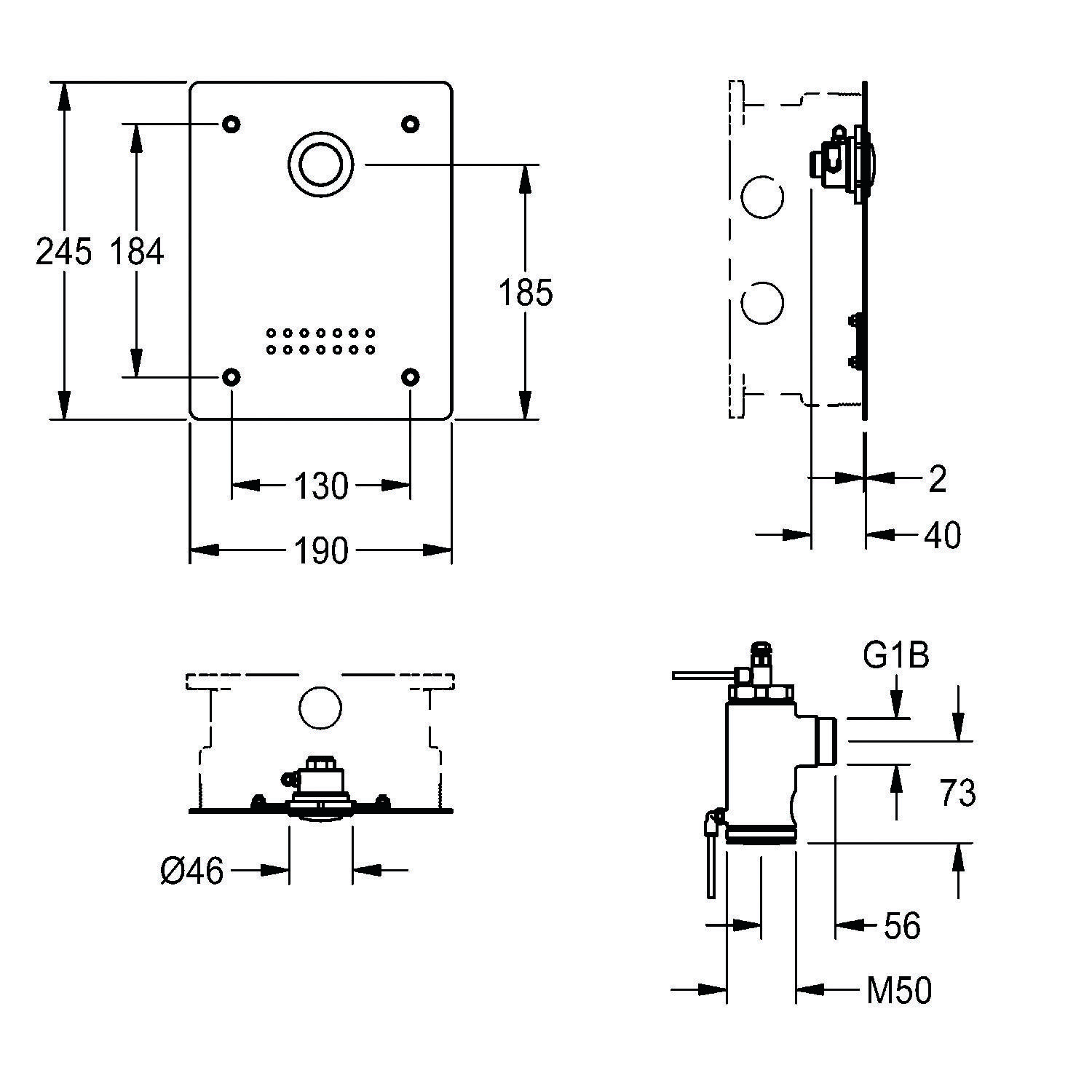 Technische Zeichnung einer Wandmontage-Vorrichtung mit Abmessungen: 245x184 mm Front, 40 mm Seitentiefe. Merkmale umfassen eine kreisförmige Öffnung, Lüftungslöcher und Befestigungsklammern.