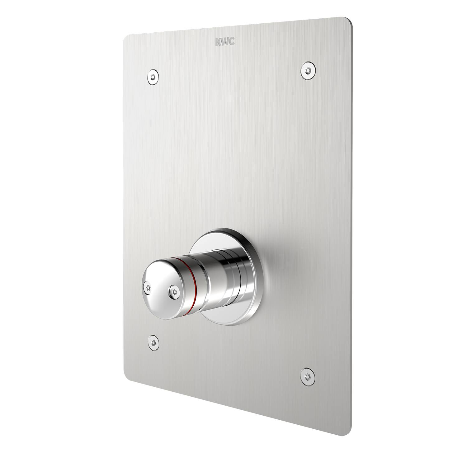 Eine elegante, moderne Metall-Wandbrausearmatur mit einem zylindrischen Griff, die ein minimalistisches Design und eine gebürstete Oberfläche aufweist.