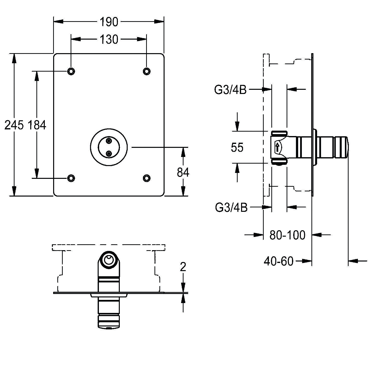 Diagramm mit technischen Spezifikationen für eine quadratische Montageplatte und Ventil. Wichtige Abmessungen in Millimetern beschriftet: 190x130, Höhe 245. Ventil mit G3/4B markiert, ragt 40-60 heraus.
