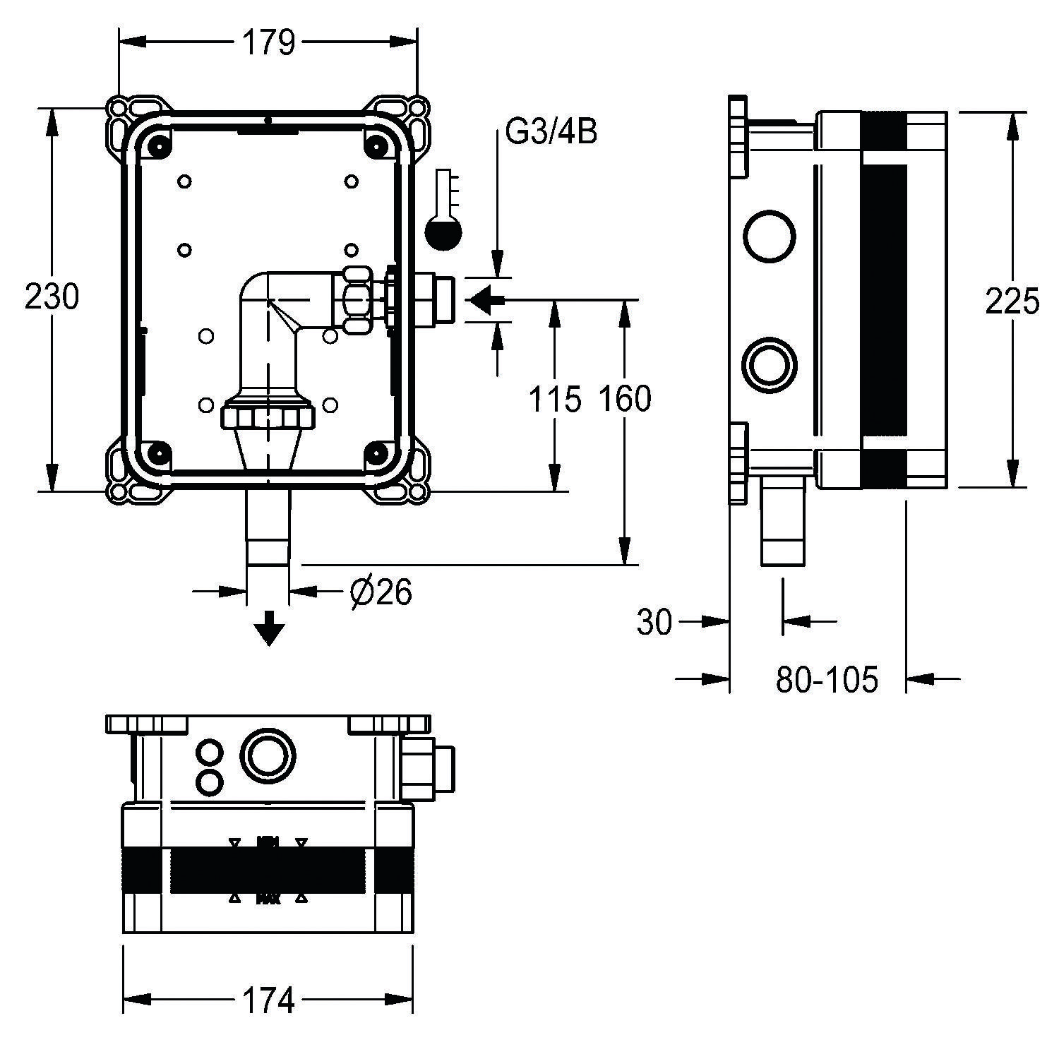 Technische Zeichnung eines Geräts mit Front- und Seitenansicht, Abmessungen: 230x179 mm und 225 mm Höhe, inklusive Anschlussdetails.