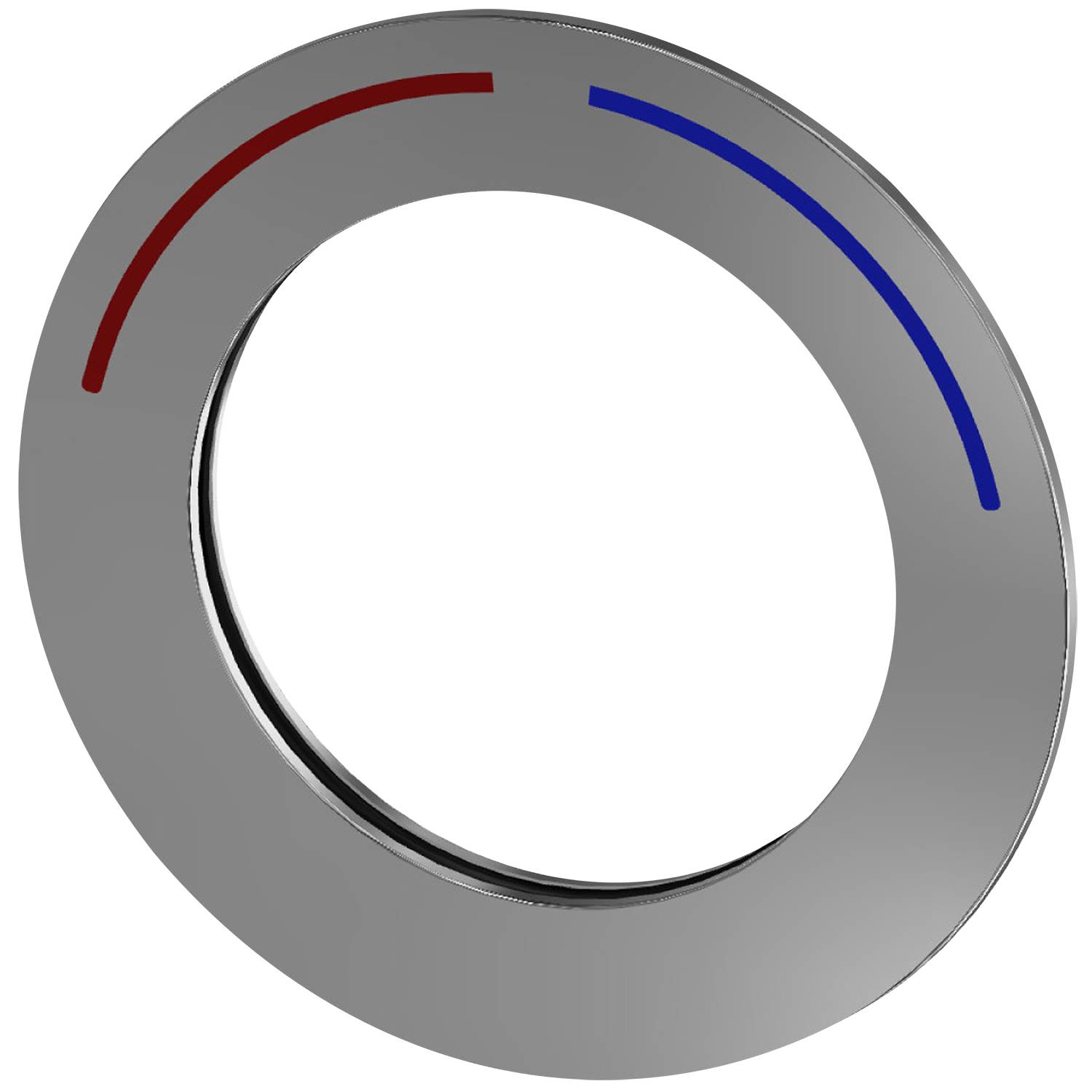Ein kreisförmiges Metalldrehrad mit einer roten Linie links und einer blauen Linie rechts, das die Temperatureinstellung für heiß und kalt anzeigt.