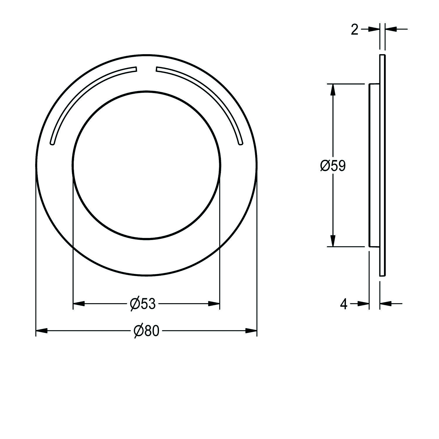 Technische Zeichnung einer kreisförmigen Komponente mit Maßangaben: 80 mm Außendurchmesser, 59 mm Innendurchmesser, 4 mm Dicke und 2 mm Einlasstiefe.