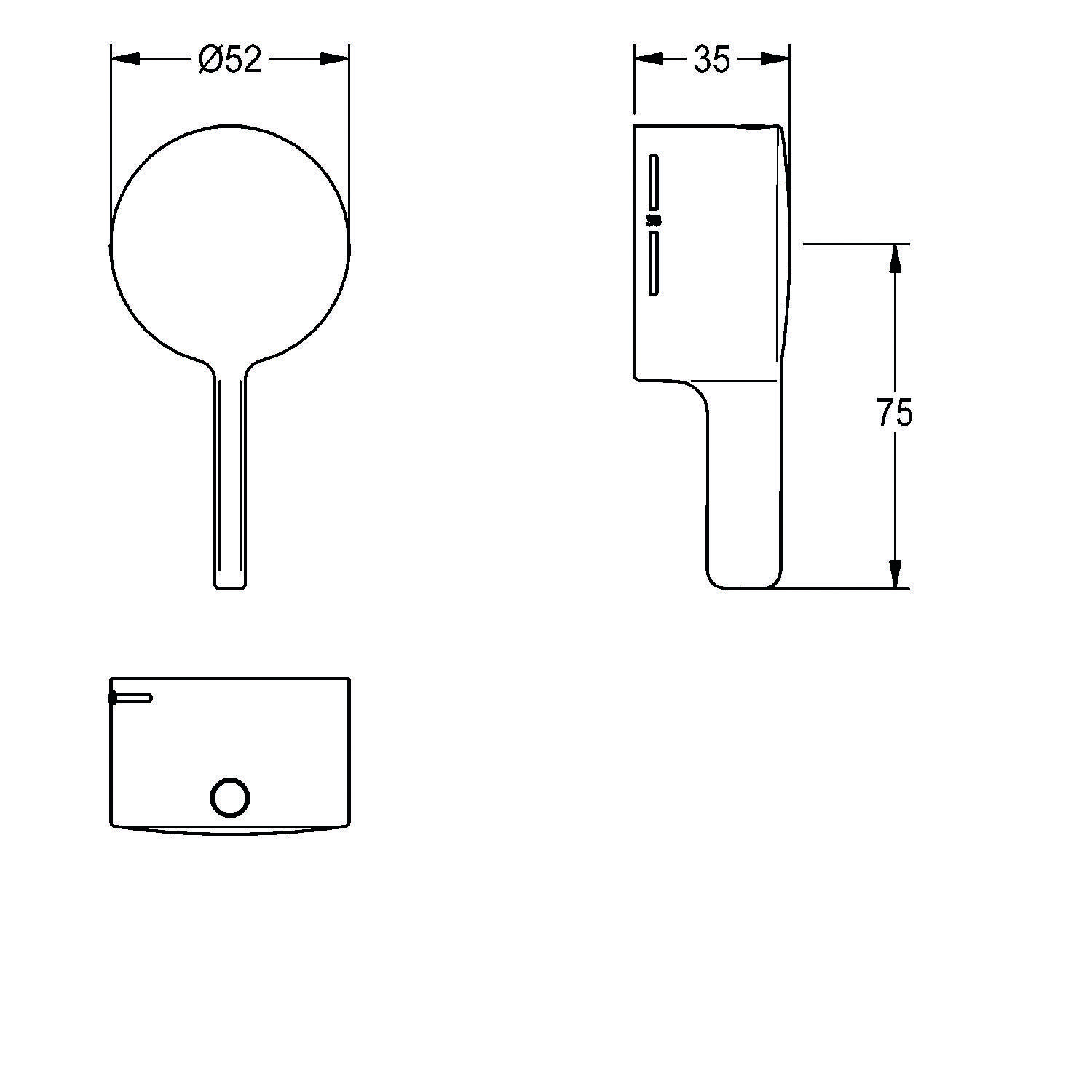 Technische Zeichnung eines kreisförmigen Gegenstands mit Griff, Abmessungen: 52 mm Durchmesser, 35 mm Breite, 75 mm Höhe.