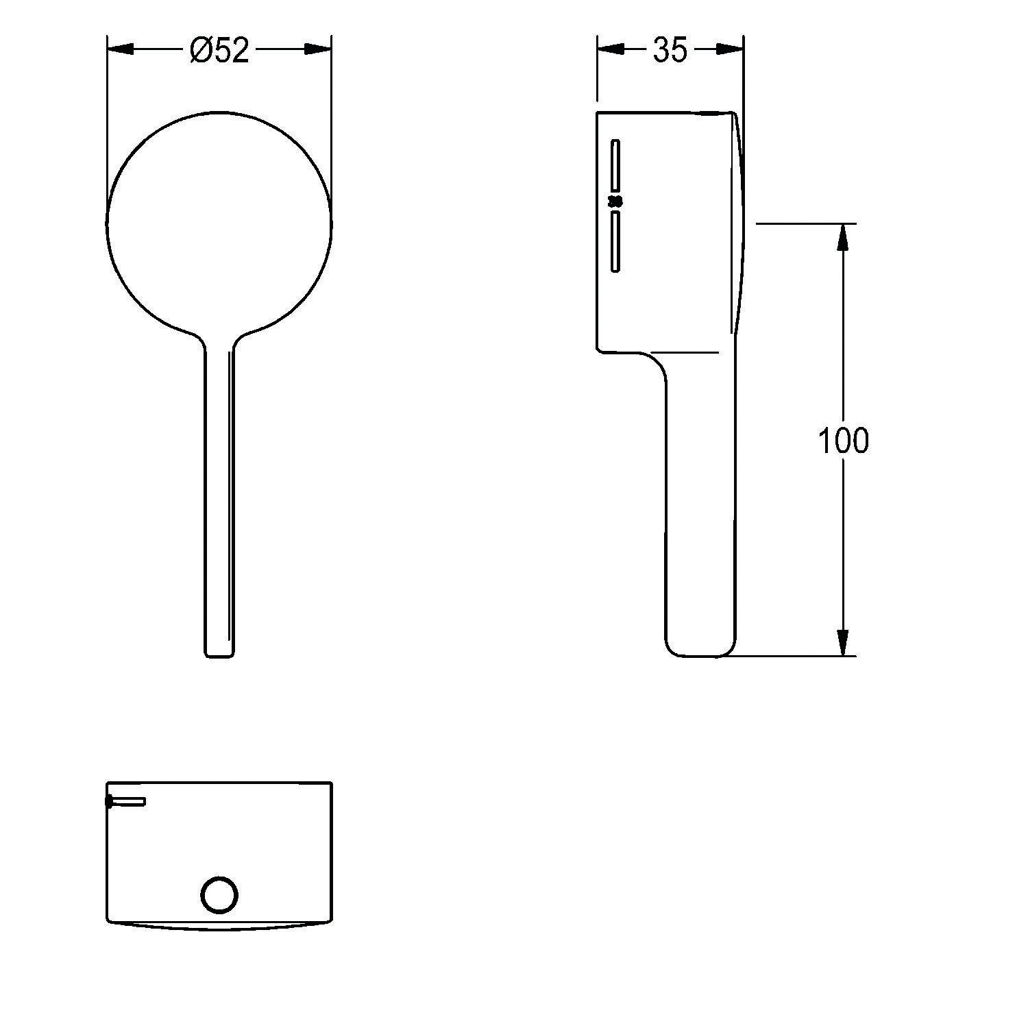 Technische Zeichnung eines runden Handbrausekopfs mit Abmessungen: Durchmesser 52 mm, Breite 35 mm und Länge 100 mm.
