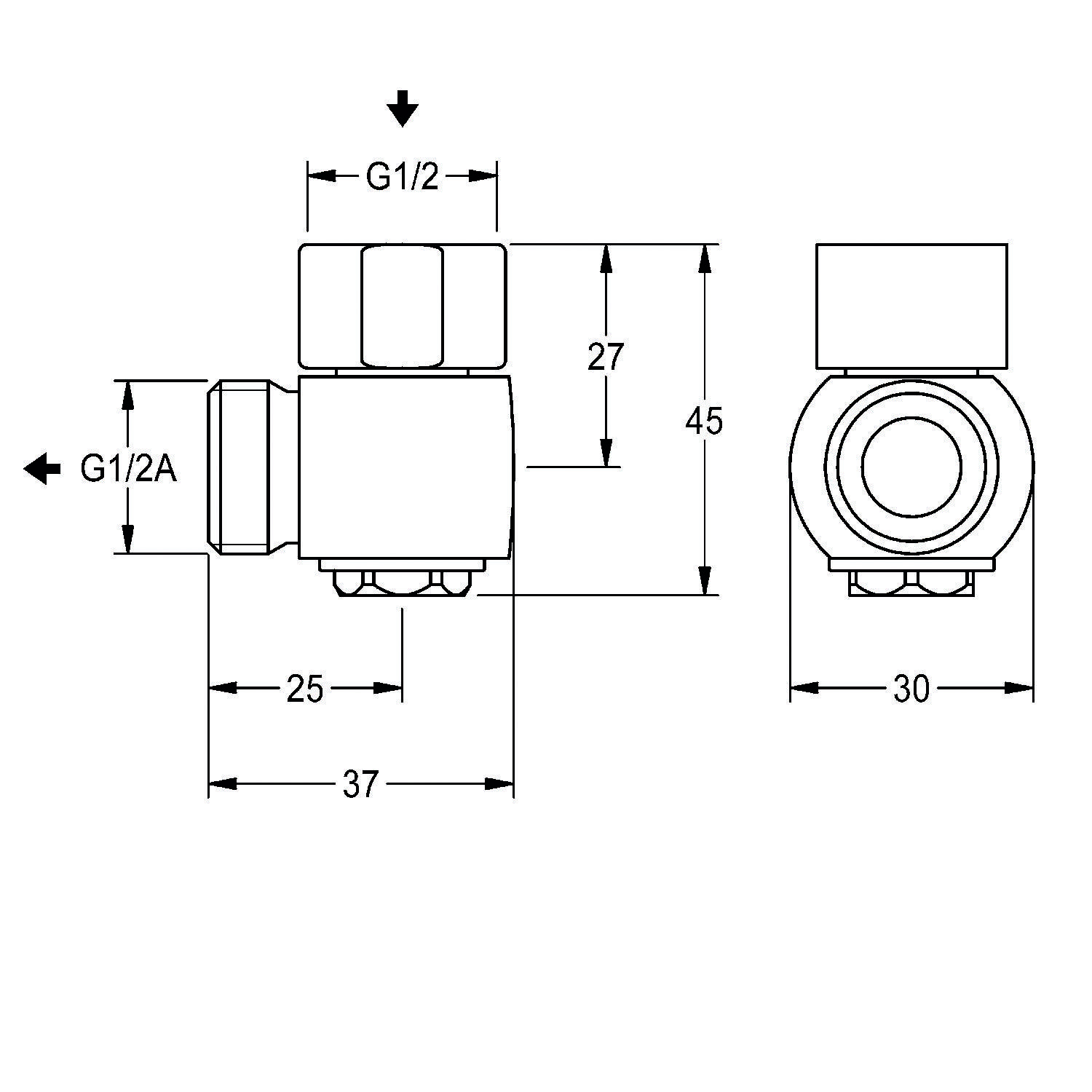 Technische Zeichnung einer Ventilarmatur mit Abmessungen: G1/2-Anschluss, 45 mm Höhe, 30 mm Breite, 27 mm und 35 mm Segmentlängen.