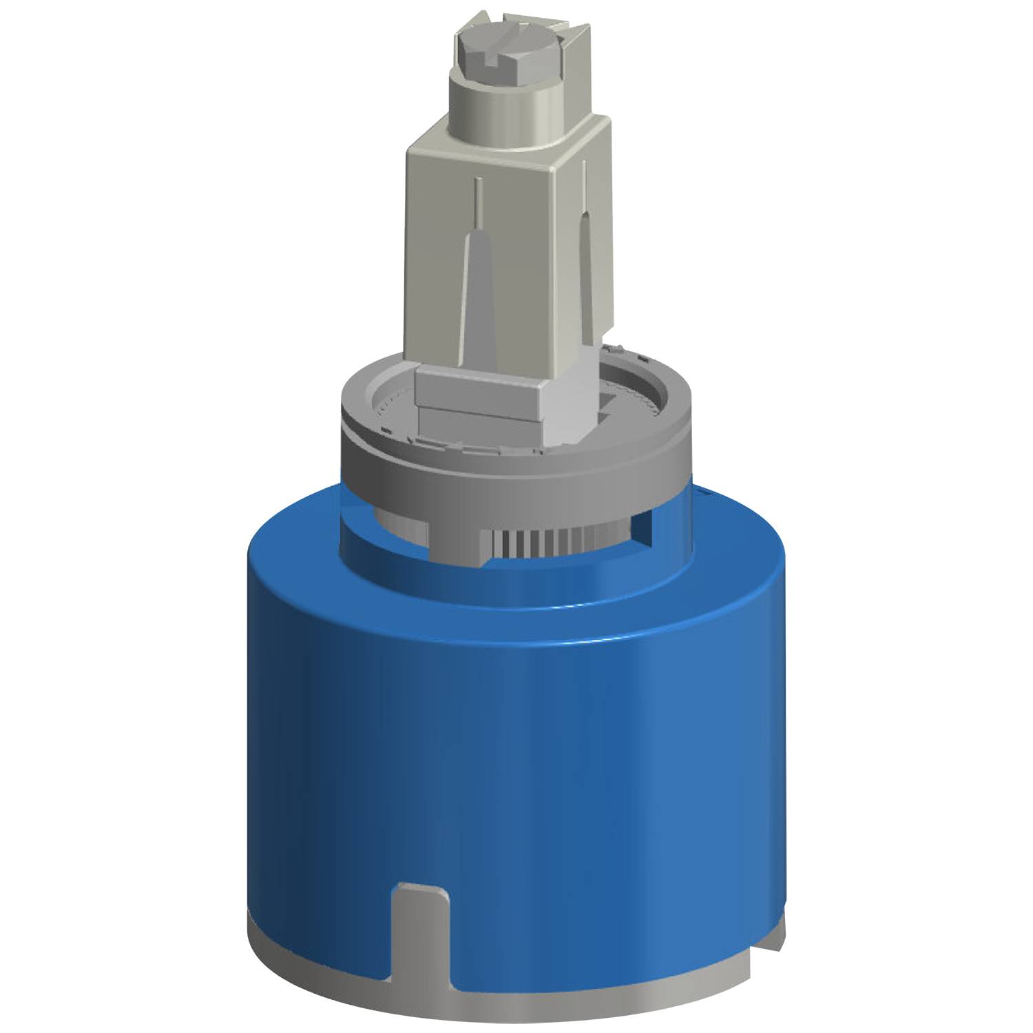 Ein 3D-Modell einer blauen und grauen mechanischen Komponente mit einer zylindrischen Basis und einem rechteckigen Oberteil, möglicherweise ein Zahnrad oder ein Motorbestandteil.