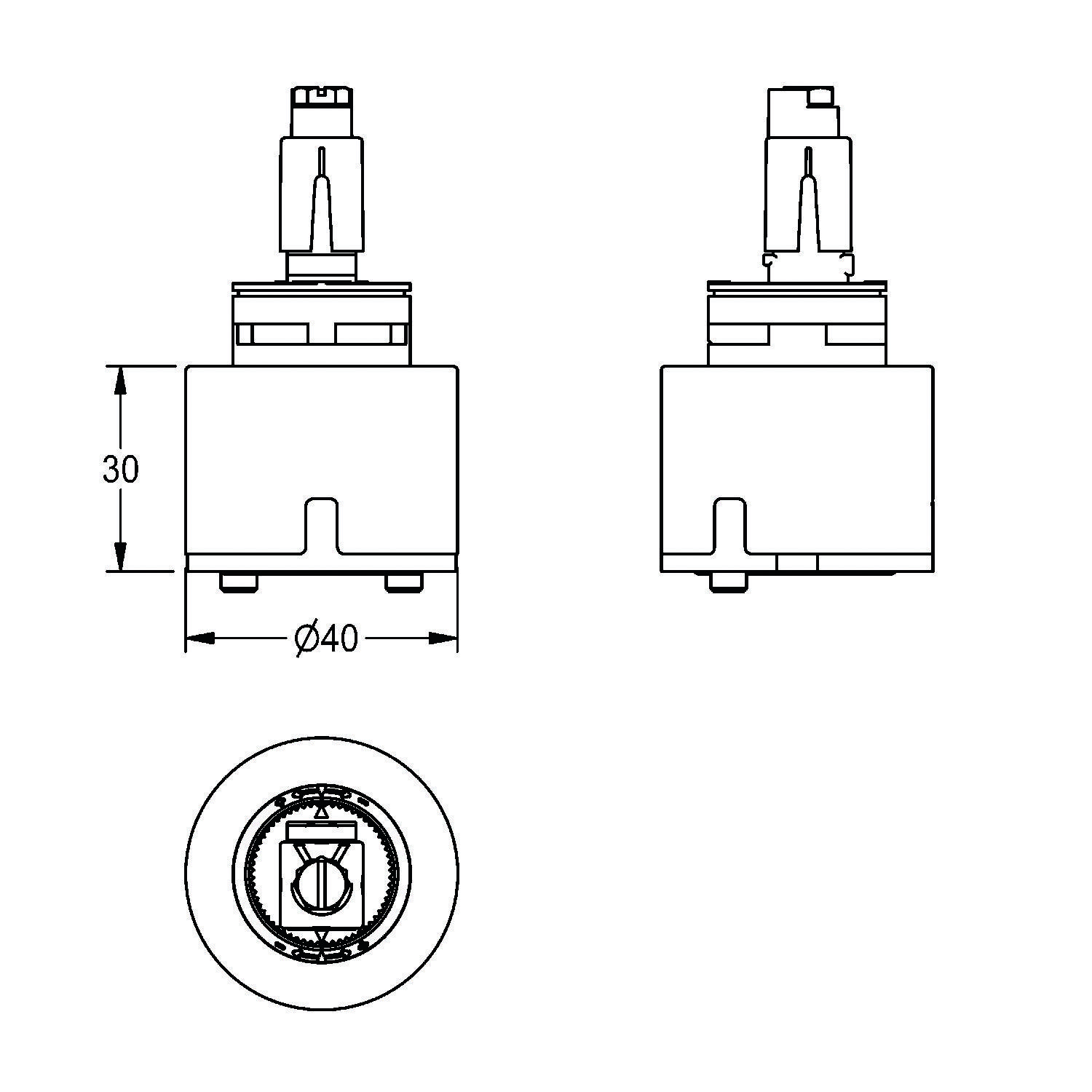 Technische Zeichnung einer Ventilpatrone mit Seiten- und Draufsicht. Höhe: 30 mm, Durchmesser: 40 mm, zeigt Anordnung der Innenkomponenten.