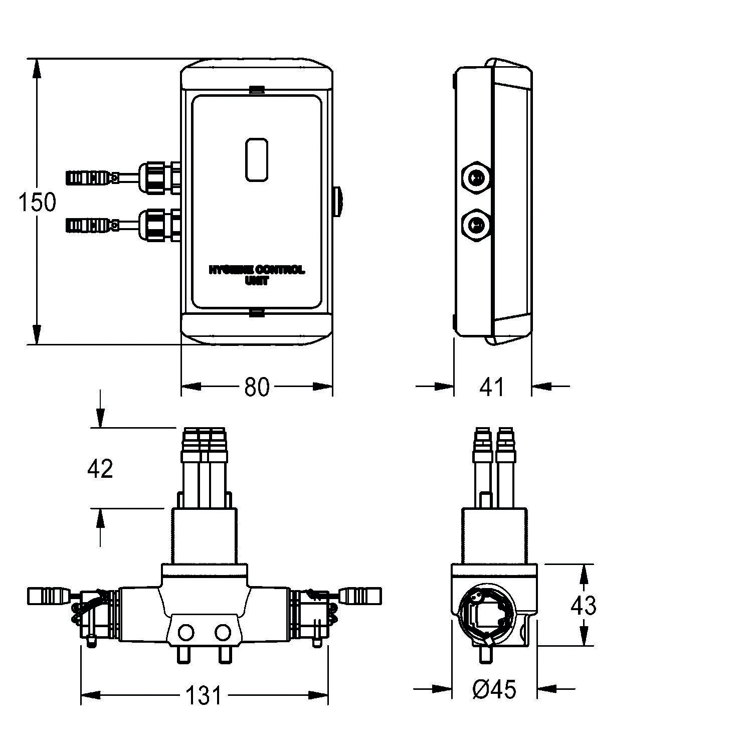Technische Zeichnung einer hydraulischen Steuereinheit mit verschiedenen Abmessungen. Frontansicht: Höhe 150 mm, Breite 80 mm. Seitenansicht: Tiefe 41 mm. Bodenansicht: Breite 131 mm.