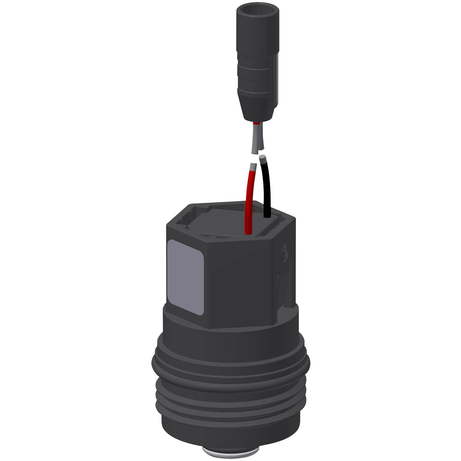 Ein zylindrischer elektrischer Anschluss mit Kabeln und einem Stecker auf schwarzem Hintergrund, wahrscheinlich für industrielle Anwendungen verwendet.